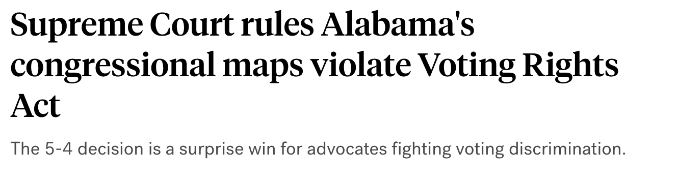 Supreme Court rules Alabama's congressional maps violate Voting Rights Act. The 5-4 decision is a surprise win for advocates fighting voting discrimination.