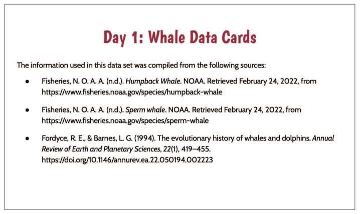 Lesson 5, Day 1 Whale Data Cards