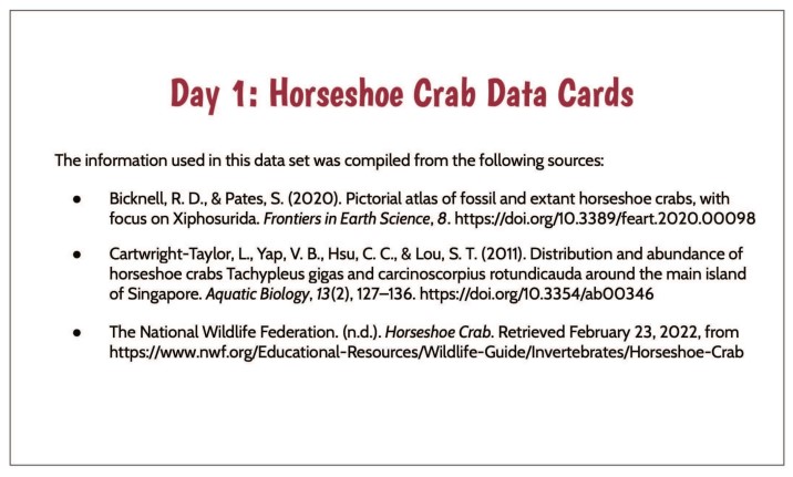 Lesson 5, Day 1 Horseshoe Crab Data Cards