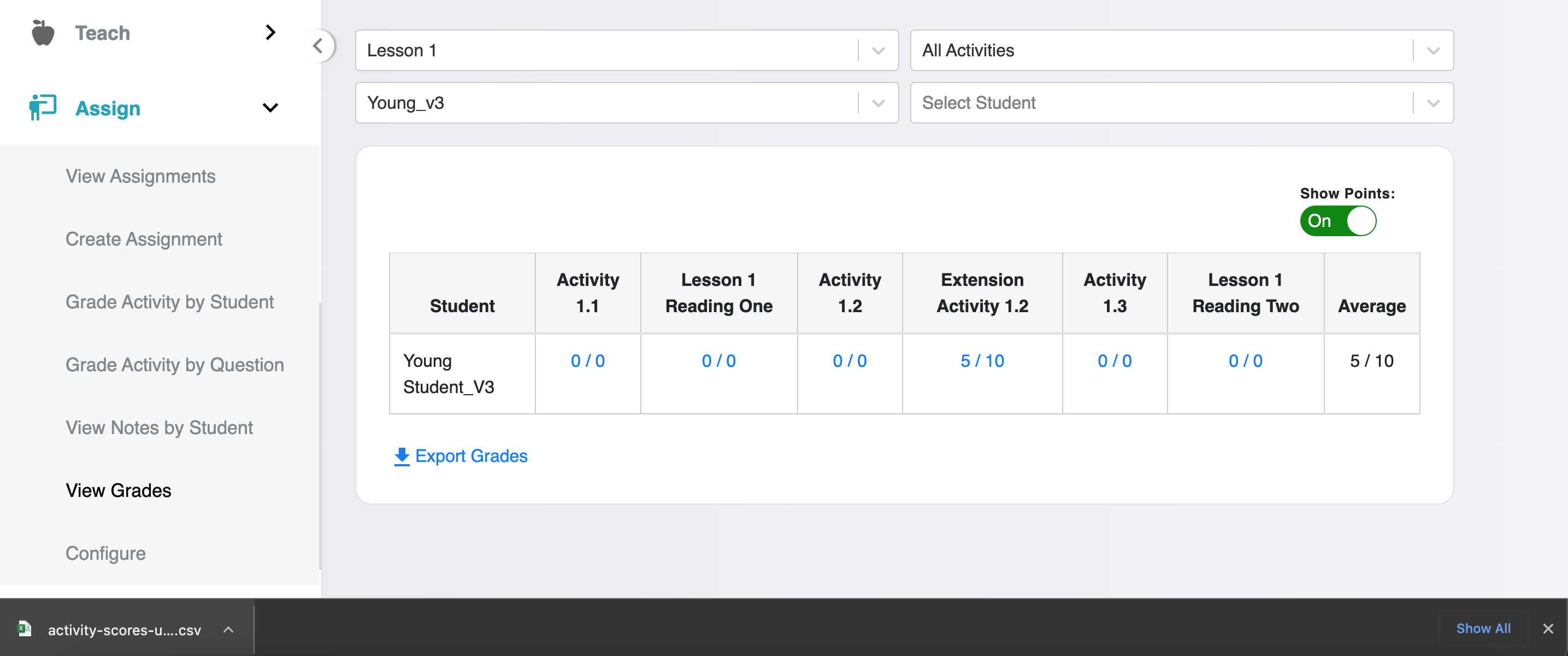 Click the " Export Grades " button. A data file will populate and look ...
