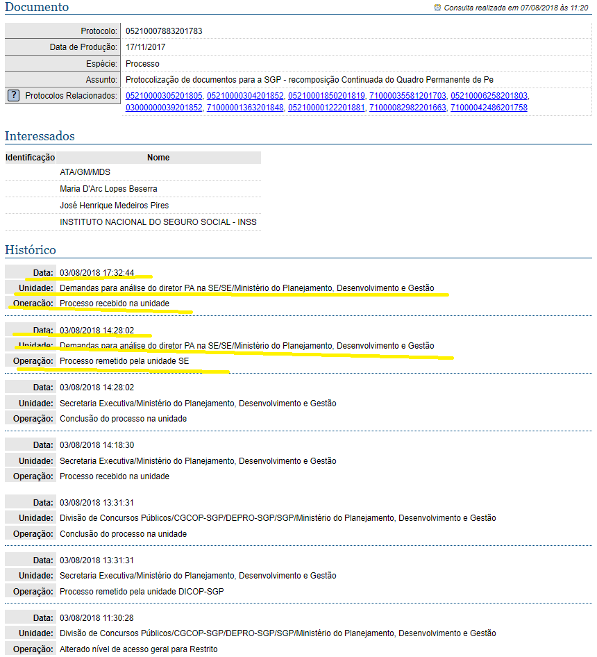 Protocolo concurso INSS - Mostrando informações do documento, dados do interessado e histórico