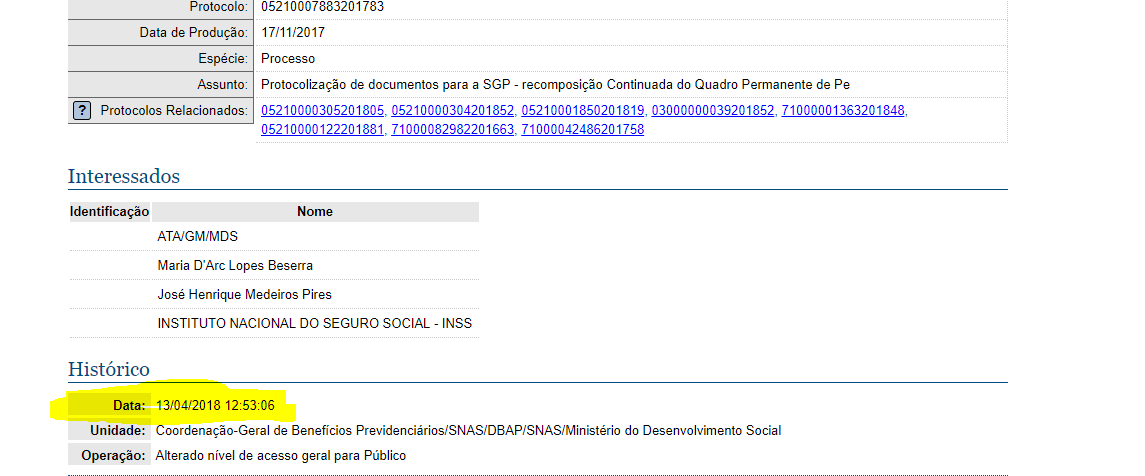Protocolo do concurso INSS, etapa de planejamento mostrando data do histórico