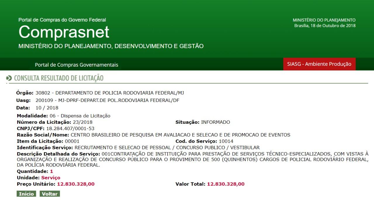 Imagem de site do ministério do planejamento com a consulta do resultado de licitação