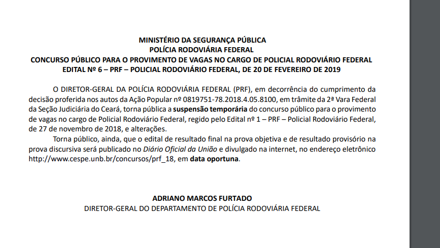 Comunicado suspensão concurso prf 2019