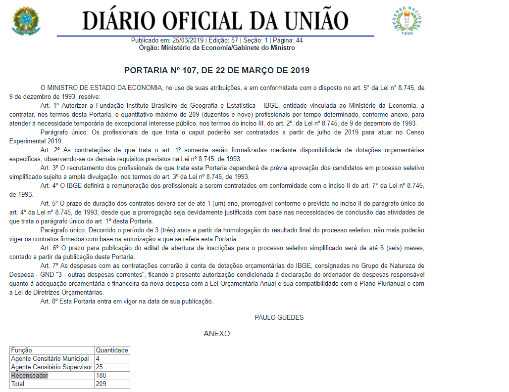 Imagem página do diário oficial com a portaria autorizando o concurso IBGE 2019