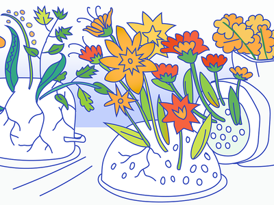 Flowers growing through objects out of metal. Illustration of our belief that LGBT+ people will persevere in spite of it all.