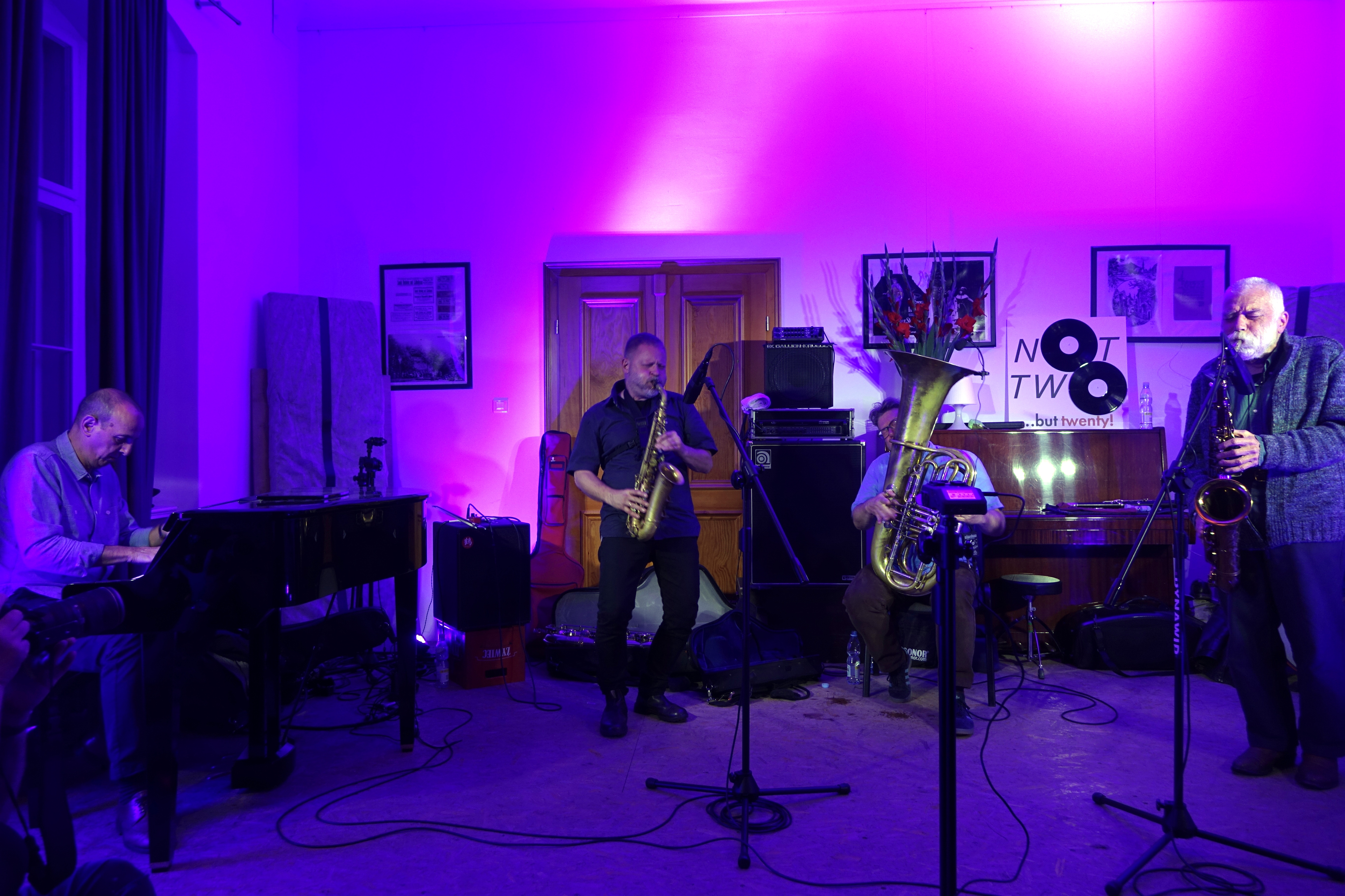 Agustí Fernández, Mikołaj Trzaska, Per-Åke Holmlander and Peter Brötzmann in Wlen, Poland in September 2018,