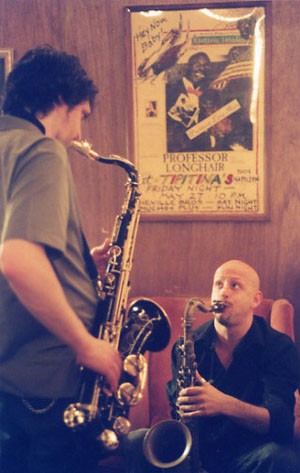 Sax-Men Ben Ellman and Skerik Compare Notes Before a Galactic Show at Tipitina's Uptown.