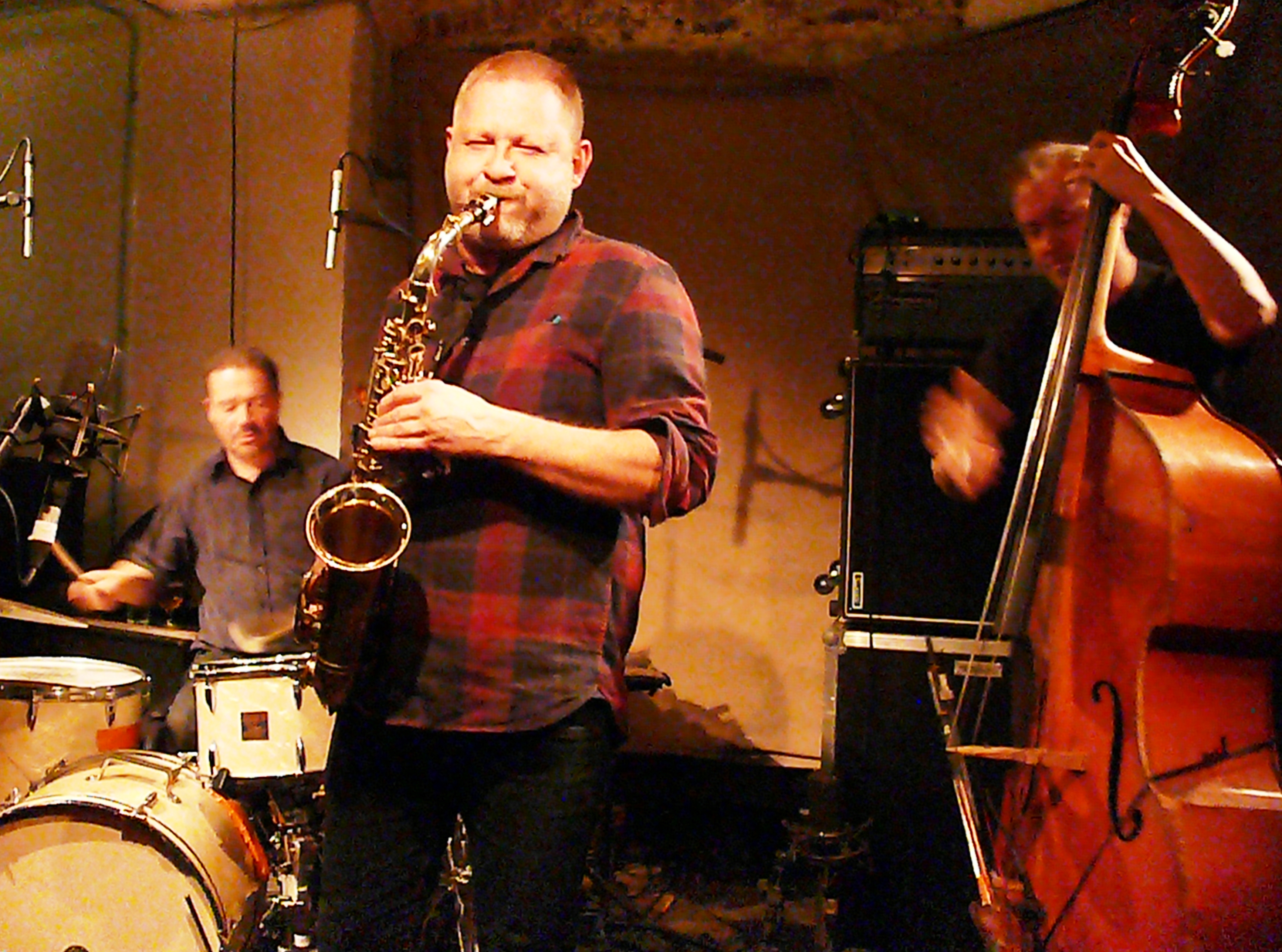 Mark Sanders, Mikolaj Trzaska and John Edwards at Cafe Oto, London in December 2016