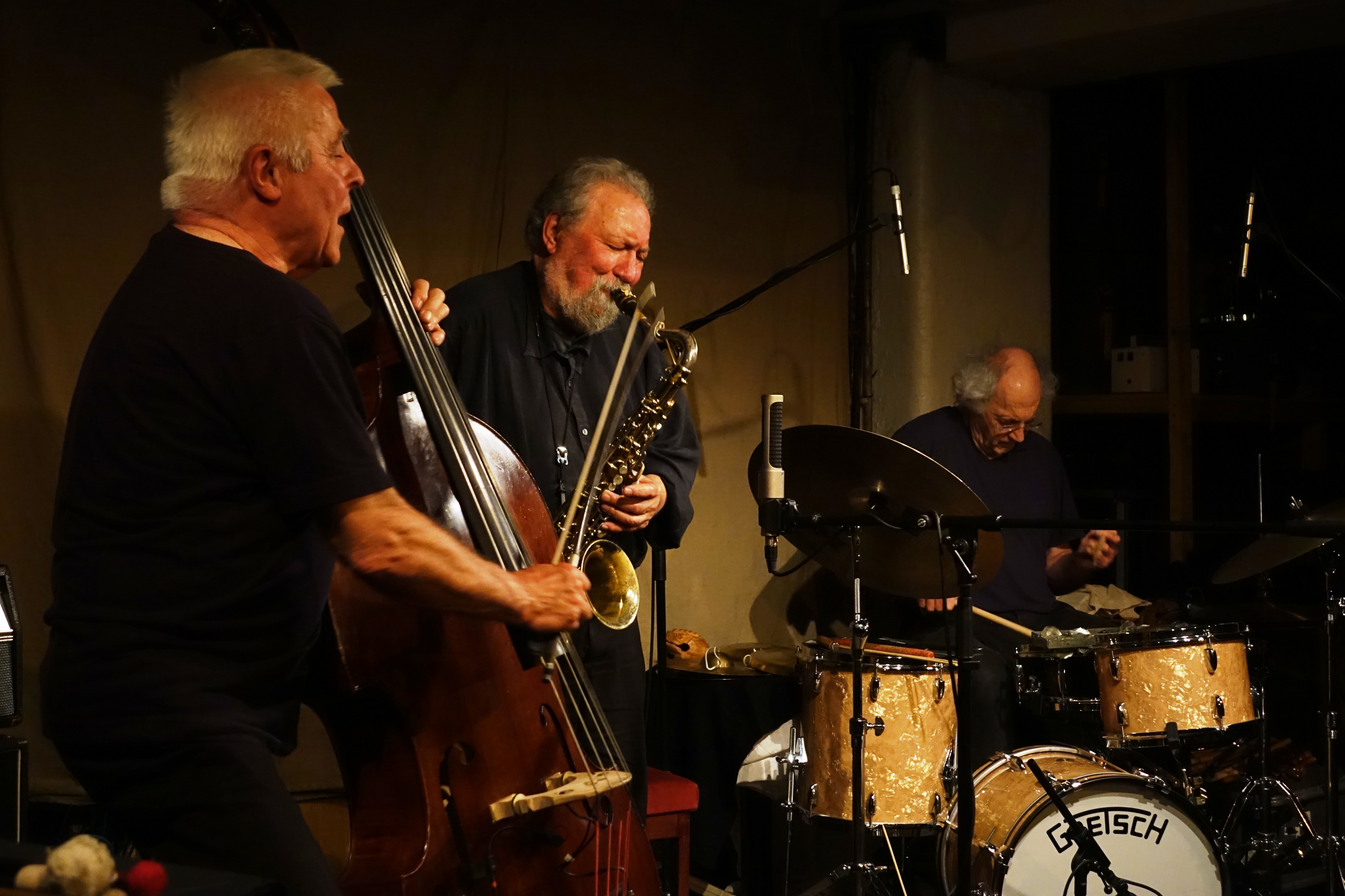 Barry Guy, Evan Parker and Paul Lytton  at Evan Parker's 80th birthday celebration at Cafe Oto on 6 April 2024