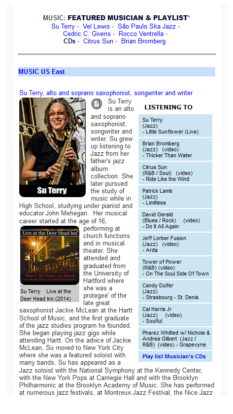 Saxophonist Su Terry featured on DC Bebop