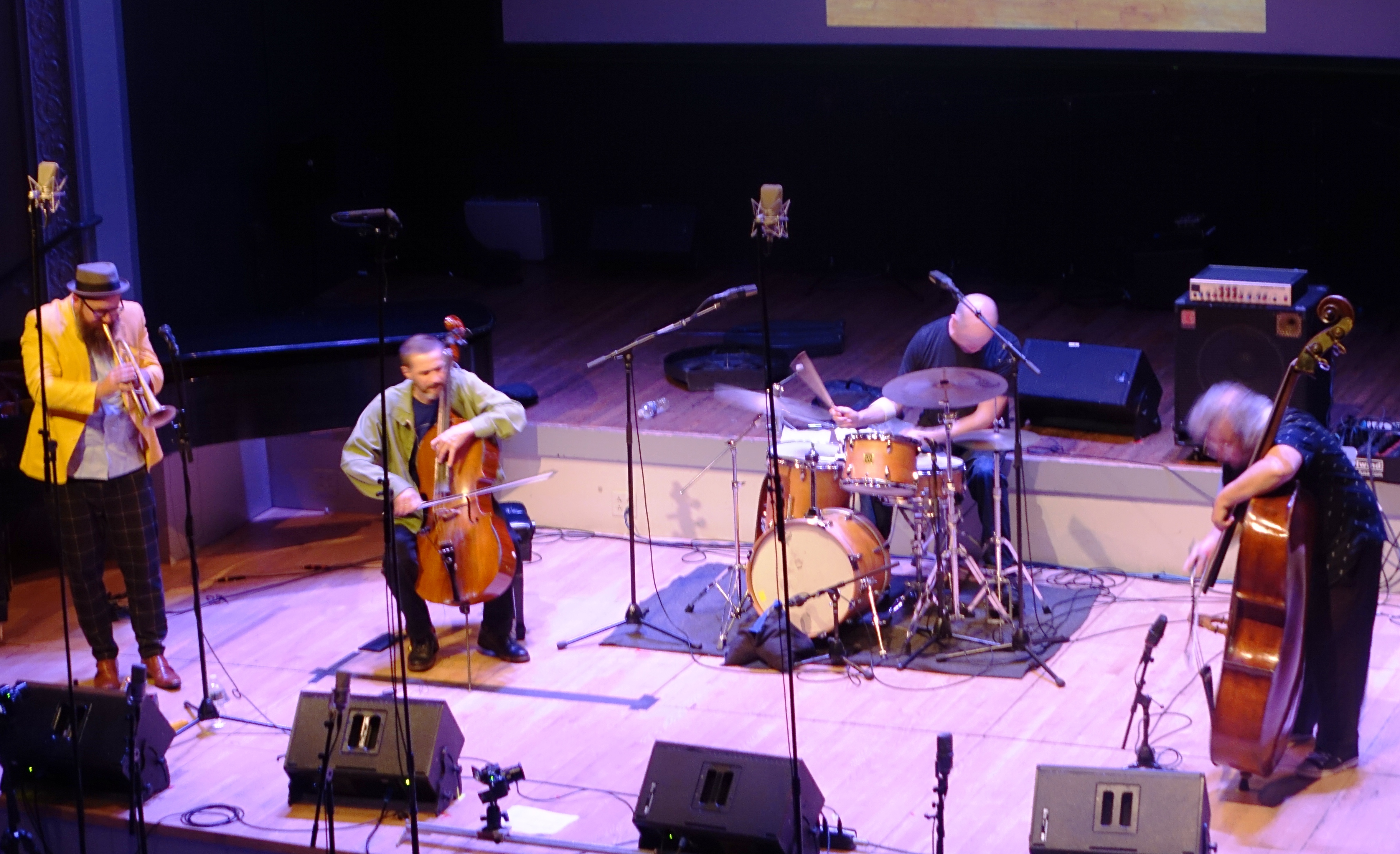 Kirk Knuffke, Fred Lonberg-Holm, Whit Dickey and Michael Bisio at the Vision Festival in Roulette, Brooklyn in June 2019