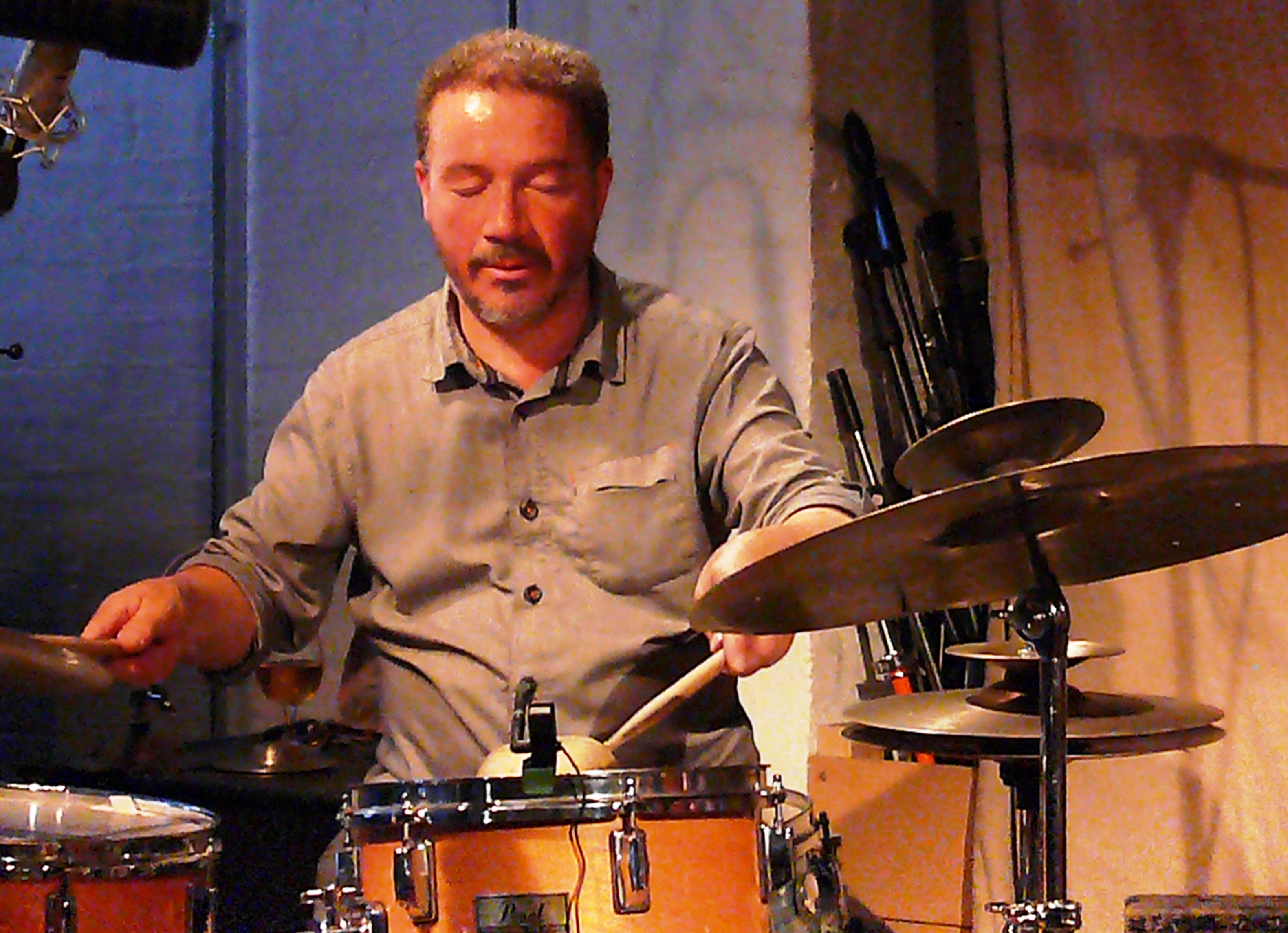 Mark Sanders at Cafe Oto, London with the Deep Trouble Trio in July 2017