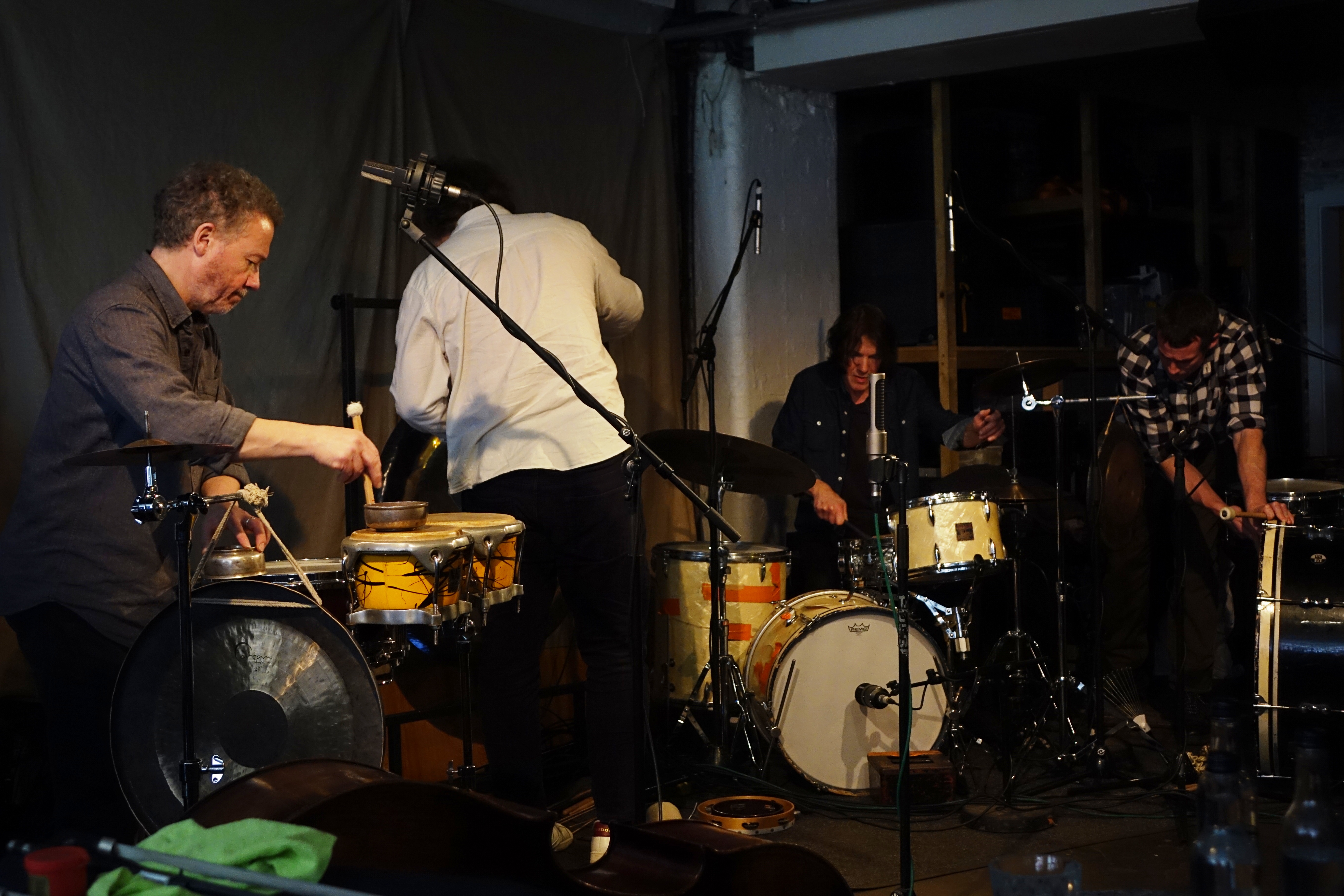 Mark Sanders, Tymek Jozwiak, Miles Levin and Jim Bashford at Evan Parker's 80th birthday celebration at Cafe Oto on 7 April 2024