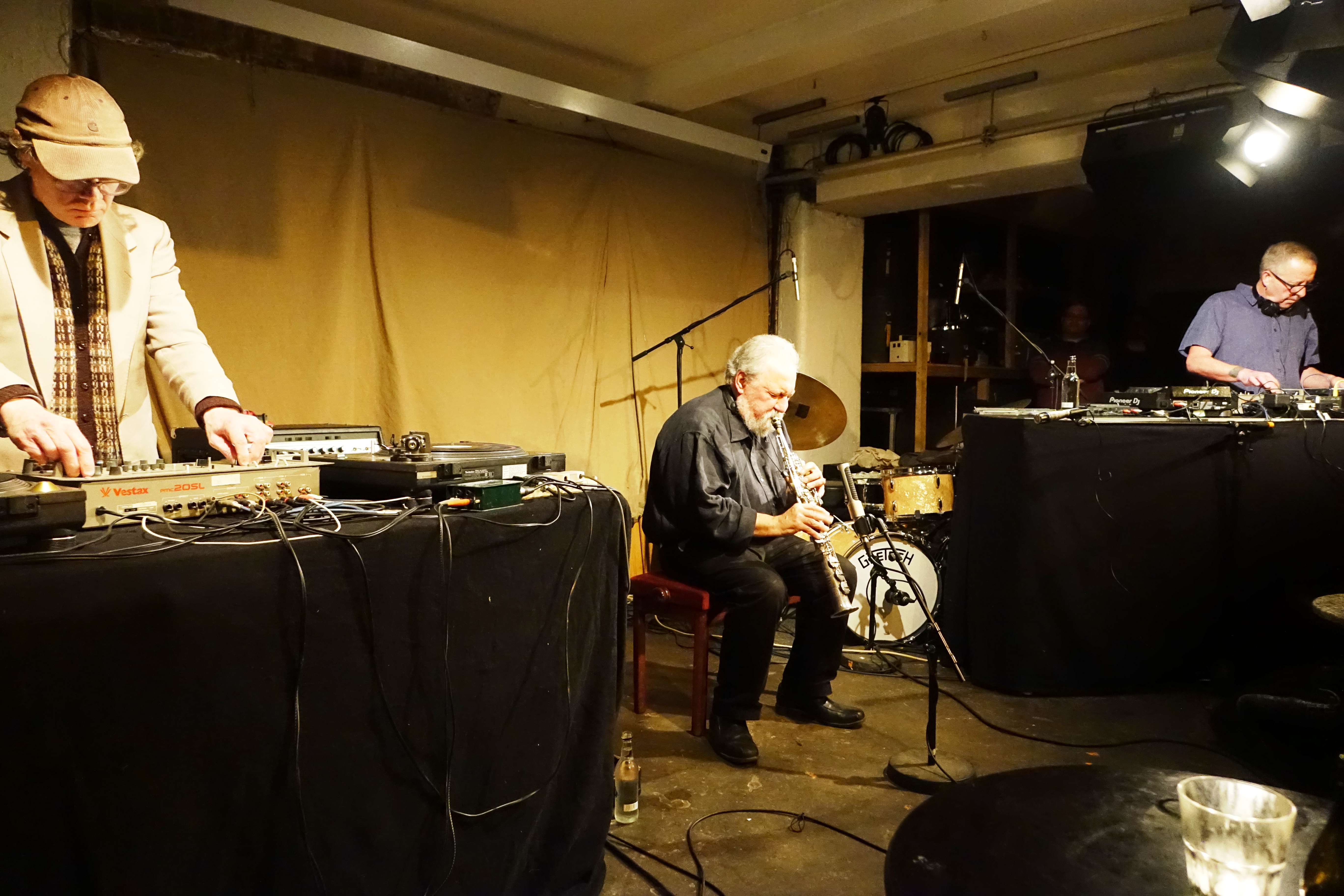 John Coxon, Evan Parker and Ashley Wales at Parker's 80th birthday celebration at Cafe Oto on 6 April 2024