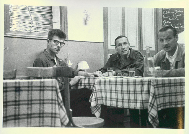 Title: Peter Orlovsky, William Burroughs, and Paul Lund eating at Dutch Tony's Restaurant