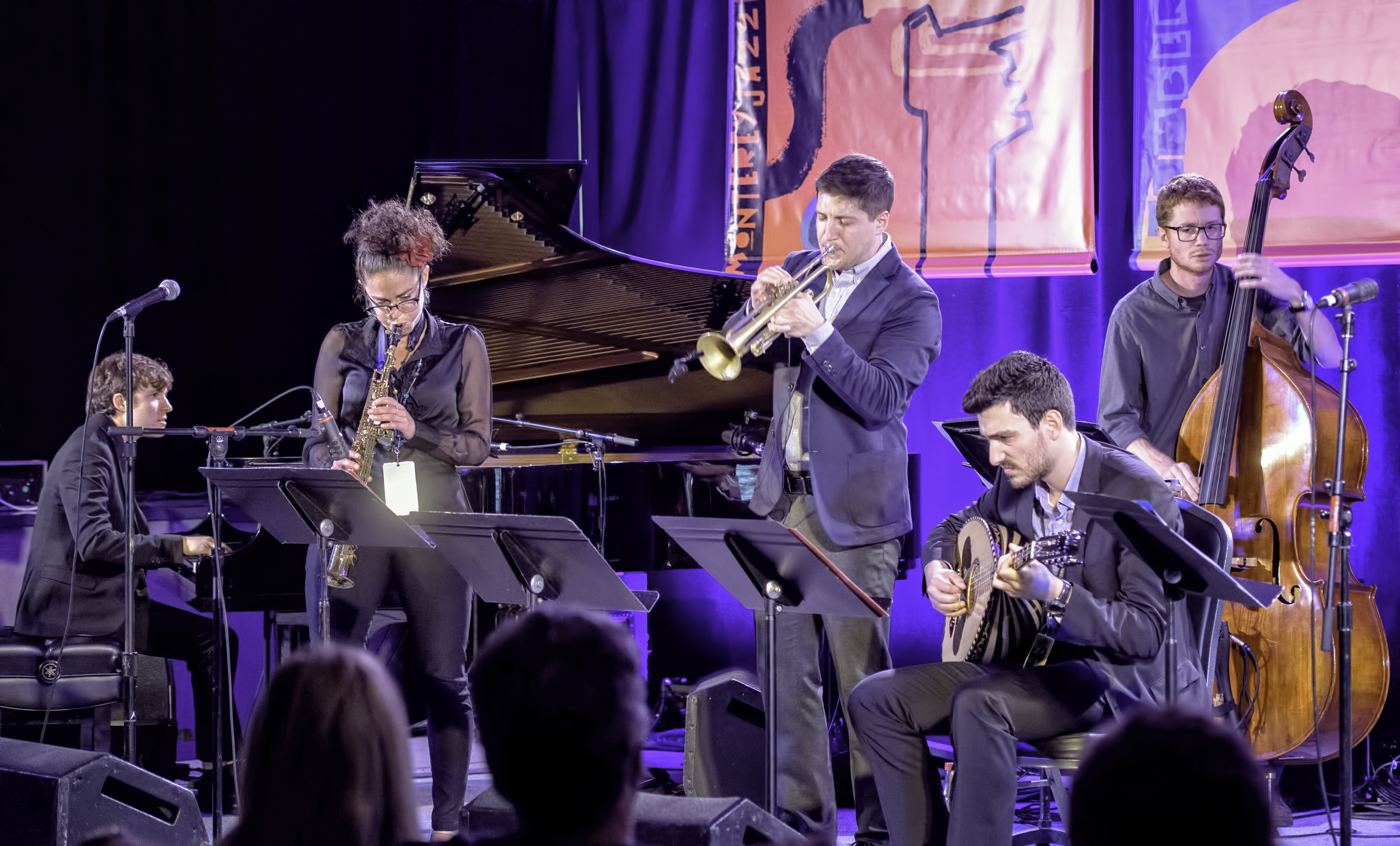 Chase Morrin, Lihi Haruvi, Andrew McAnsh, Vasilis Kostas and Jared Henderson with the Berklee Global Jazz Ambassadors at the Monterey Jazz Festival