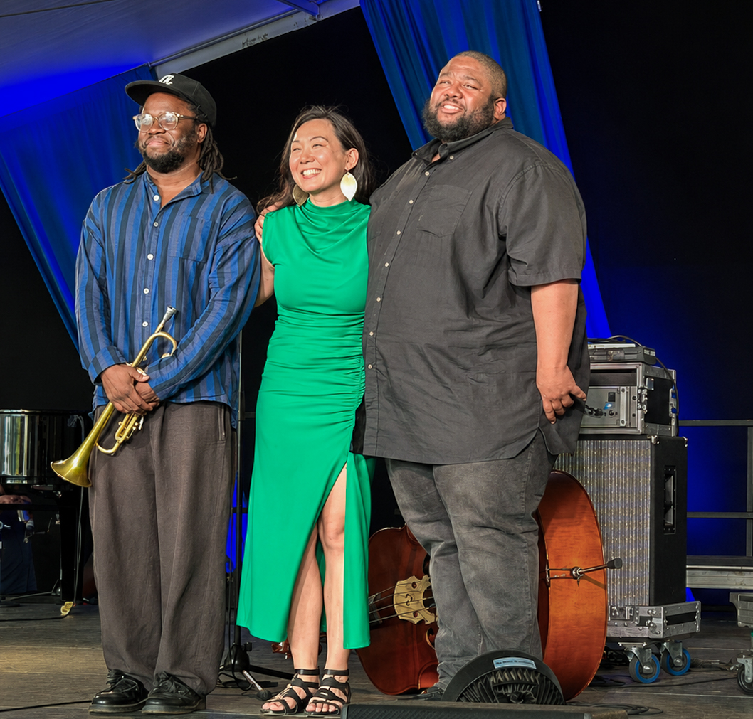 Ambrose Akimusire, Linda May Han Oh, and Tyshawn Sorey at the 2026 Newport Jazz Festival — jazz photo by Dave Kaufman | All About Jazz