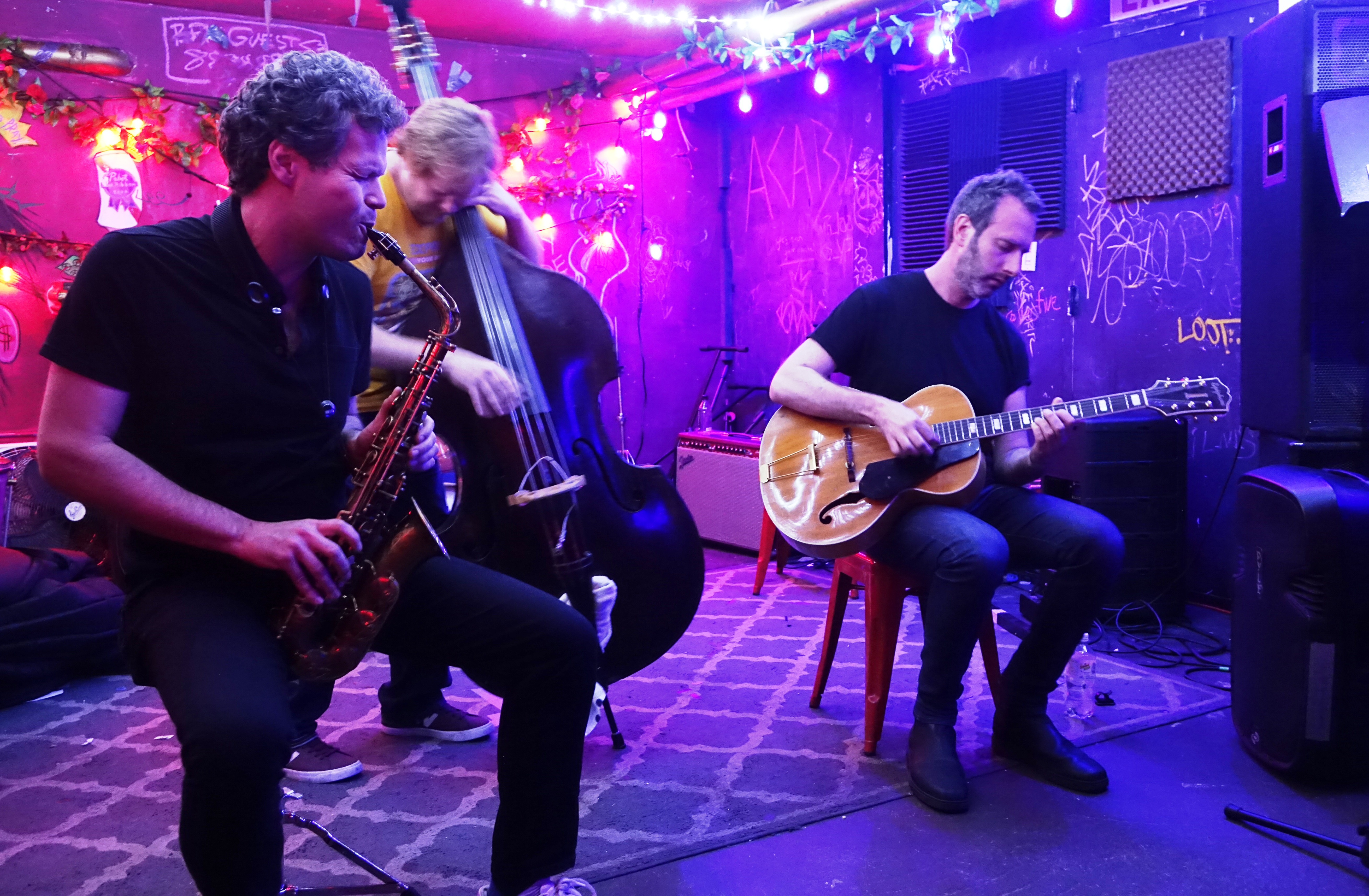 Nick Lyons, Peter Swanson and Adam Caine at the Bushwick Public House, Brooklyn in June 2019