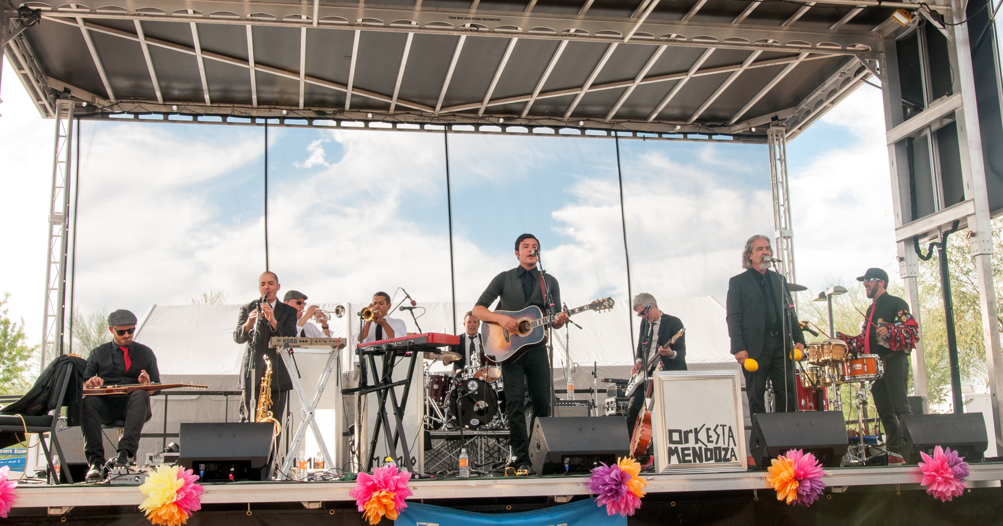 Joe Novelli, Marco Rosano, Jon Villa, Jacob Valenzuela, Larry Lopez, Sergio Mendoza, Sean Rogers, Salvador Duran and Jack Sterbis with Orkesta Mendoza at the Mim Global Music Festival