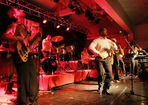 Pablo Aubia, Michel Valdez and Edwin Sanz with "Batambo"at the Kilimandjaro Festival, Thonon-Les-Bains, France, 2005