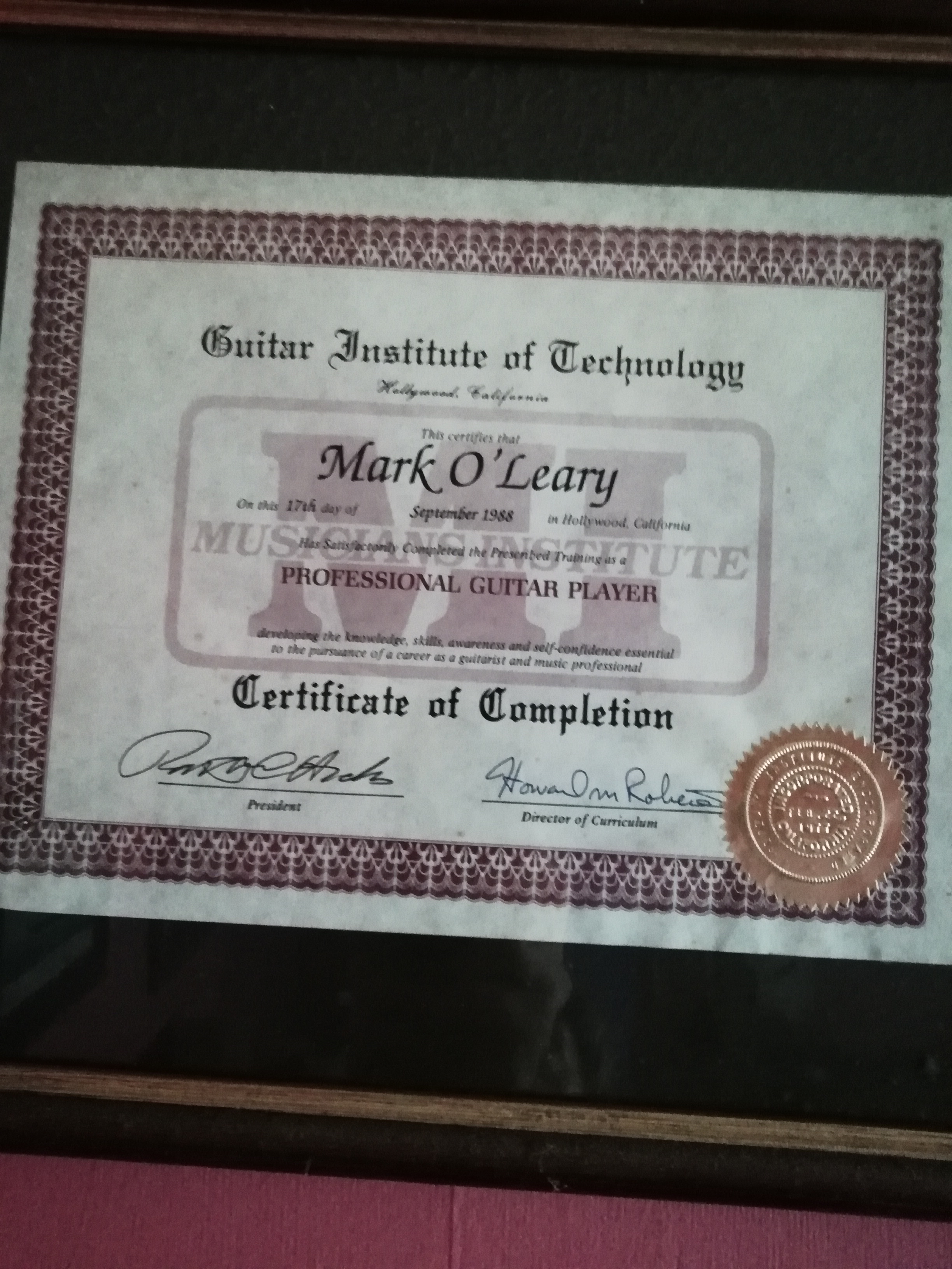 Mark O'Leary Musicians Institute Diploma