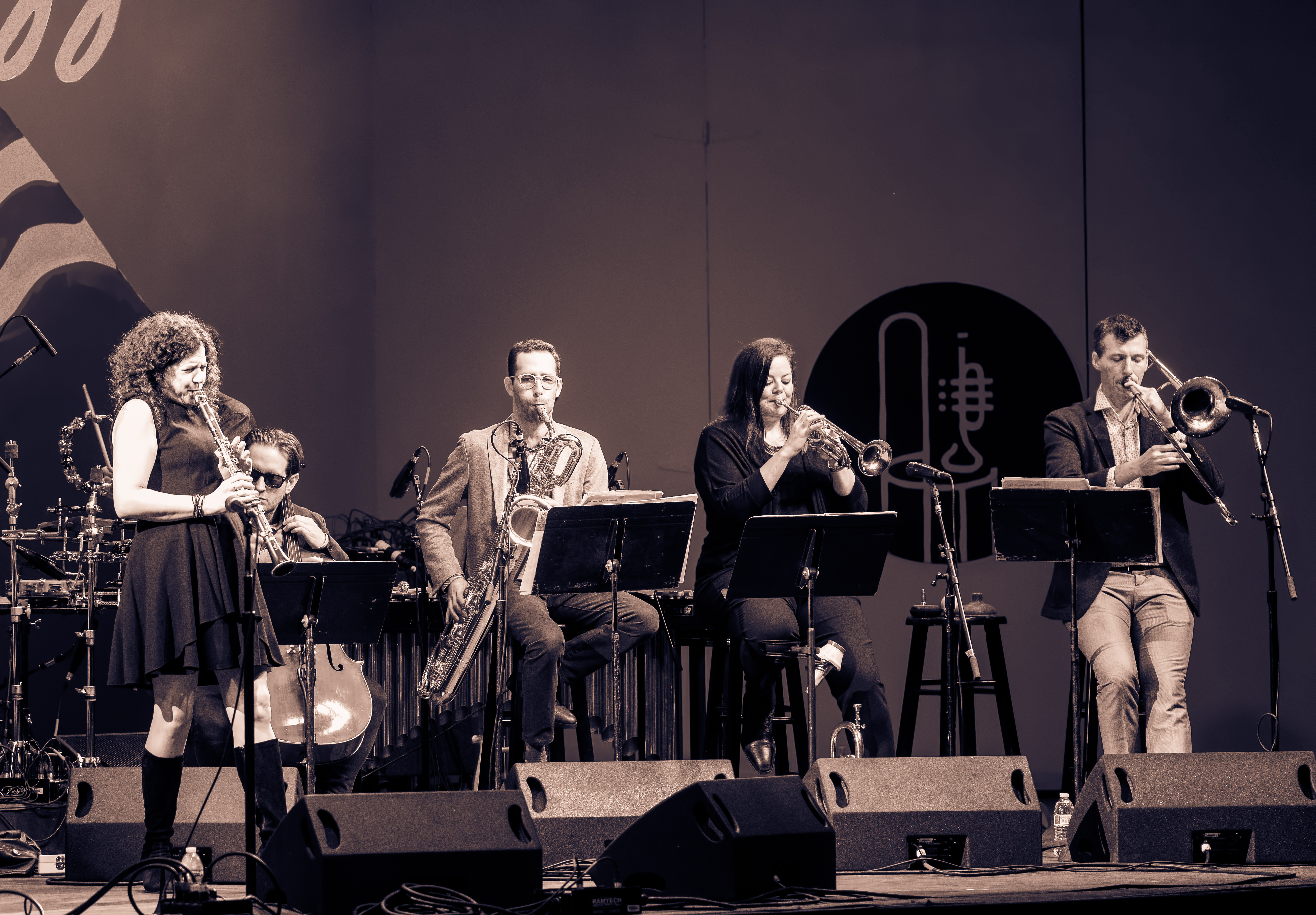 Anat Cohen, Christopher Hoffman, Owen Broder, Nadje Noordhuis and Nick Finzer with the Anat Cohen Tentet at the Monterey Jazz Festival 2018