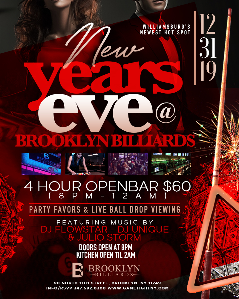 Brooklyn Billiards New Years Eve 4 Hour Openbar, Food & Pool
