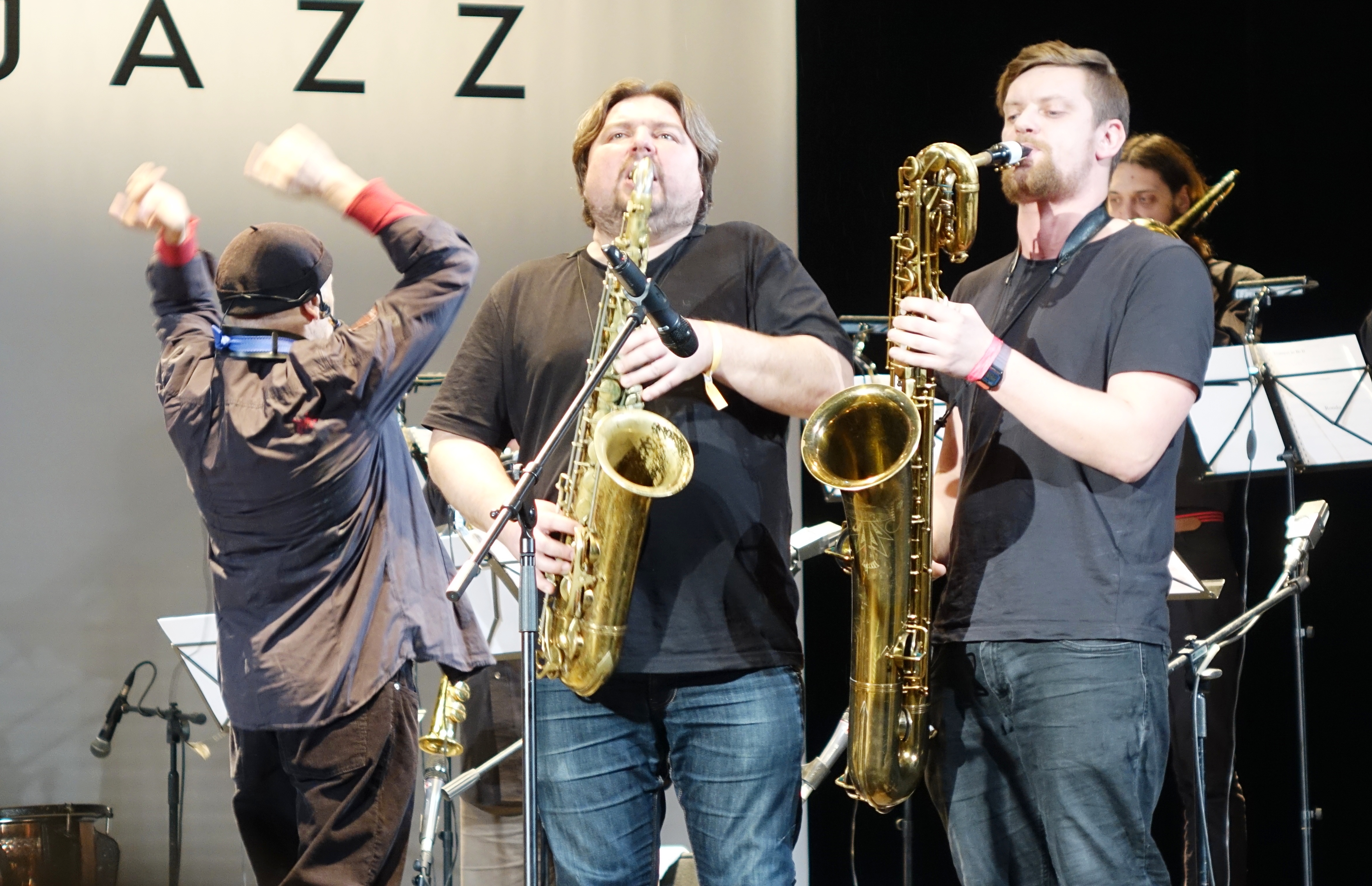 Vladimir Chekasin, Liudas Mockunas and Klaudijus Stuopinis at the Vilnius Mama Jazz Festival in November 2017