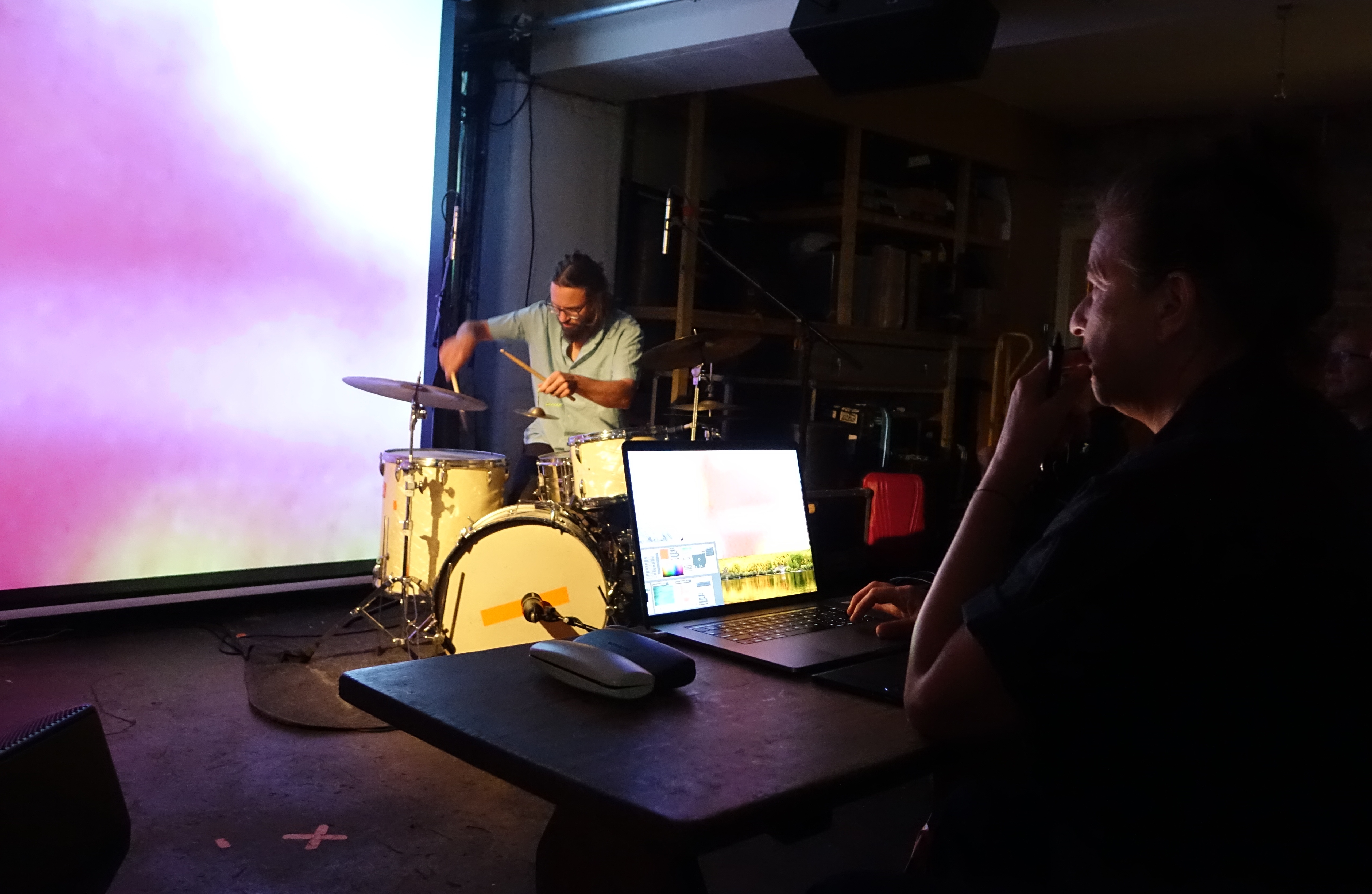 Samuel Duhsler and visual artist Heike Liss at Cafe Oto, London in June 2019