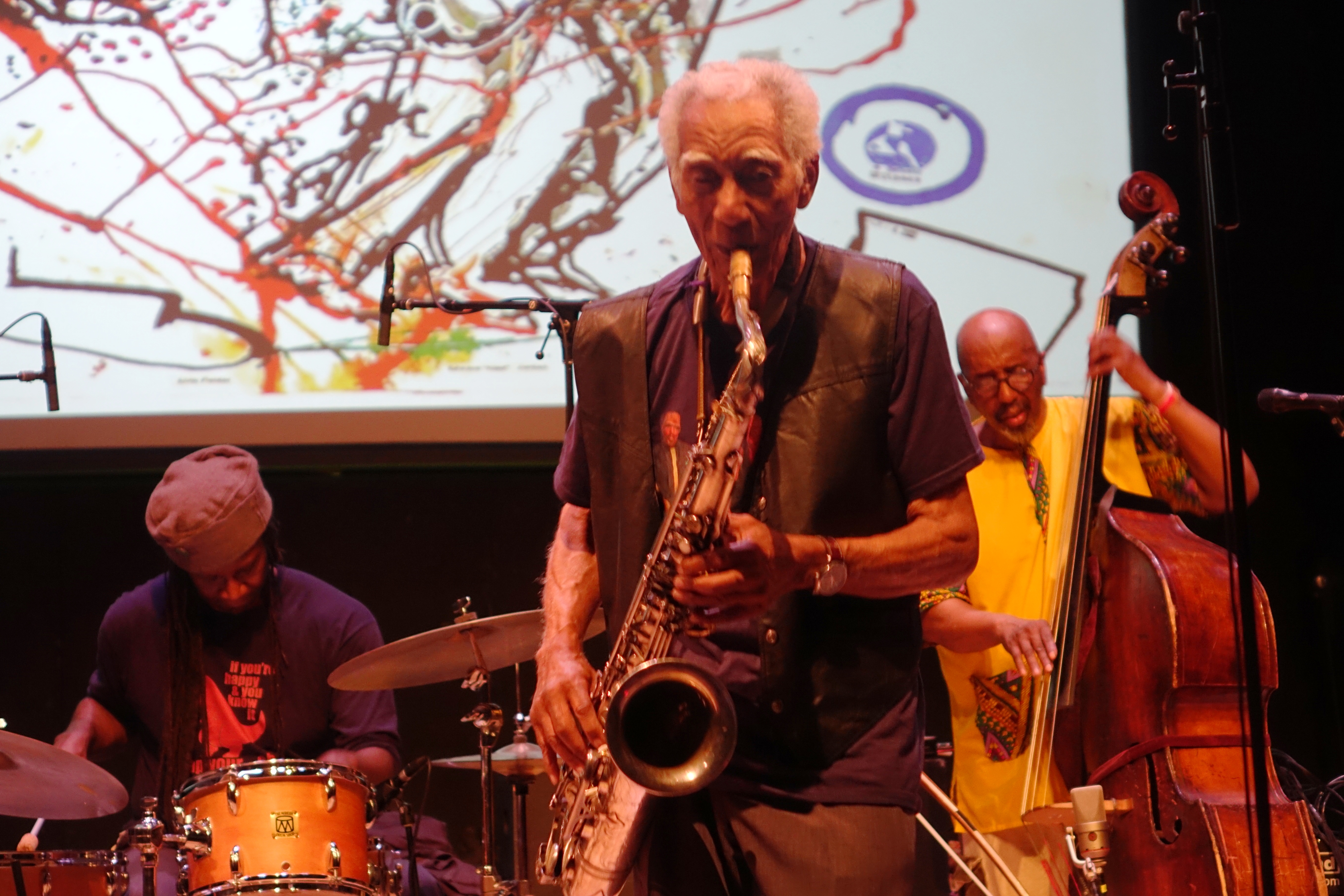 Hamid Drake, Kidd Jordan and William Parker at the Vision Festival in Roulette, Brooklyn in June 2019