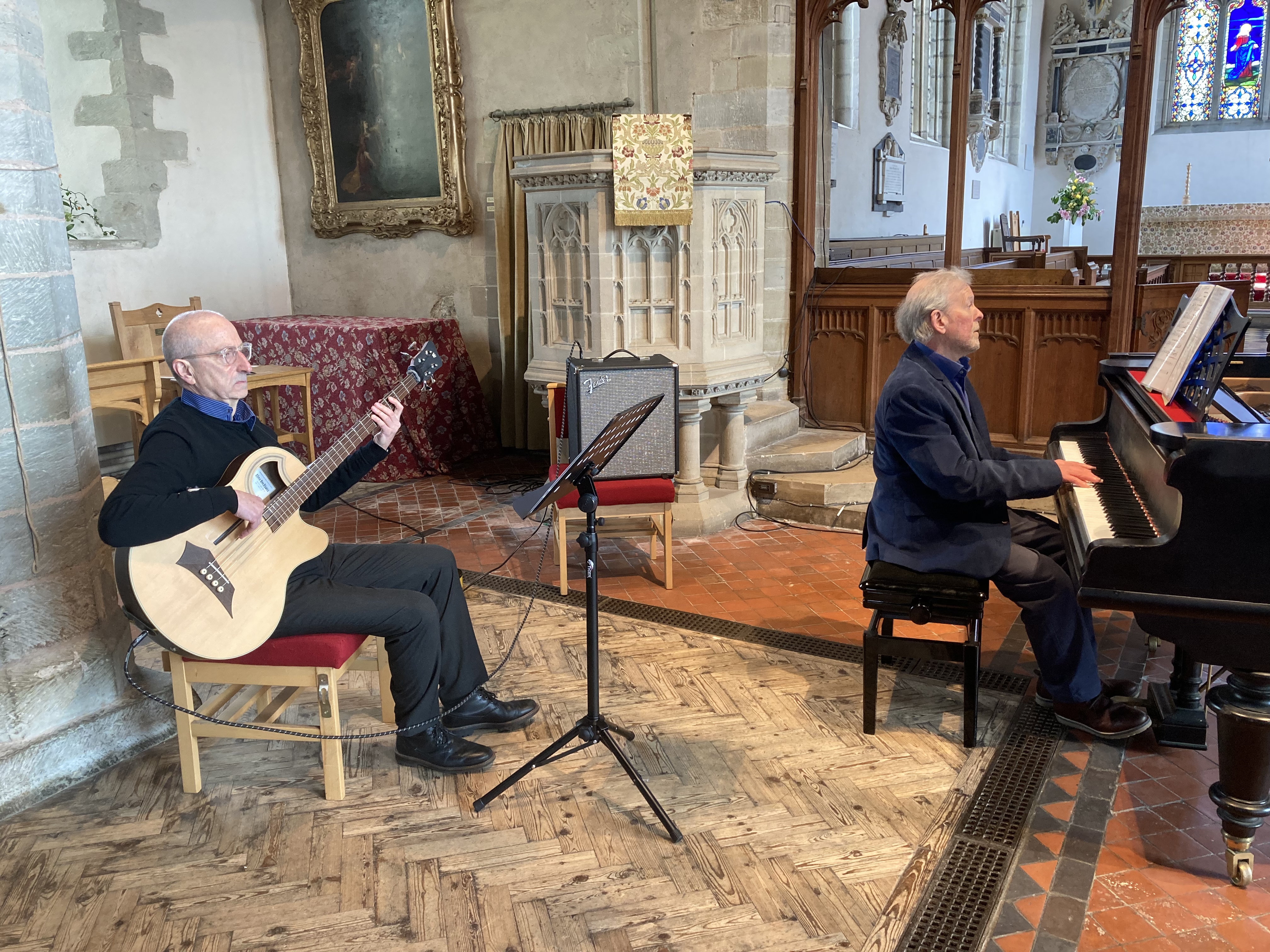 Simon Deeley and Max Davison on video/recording session at St. Andrew's Church, Presteigne, Wales (2022)