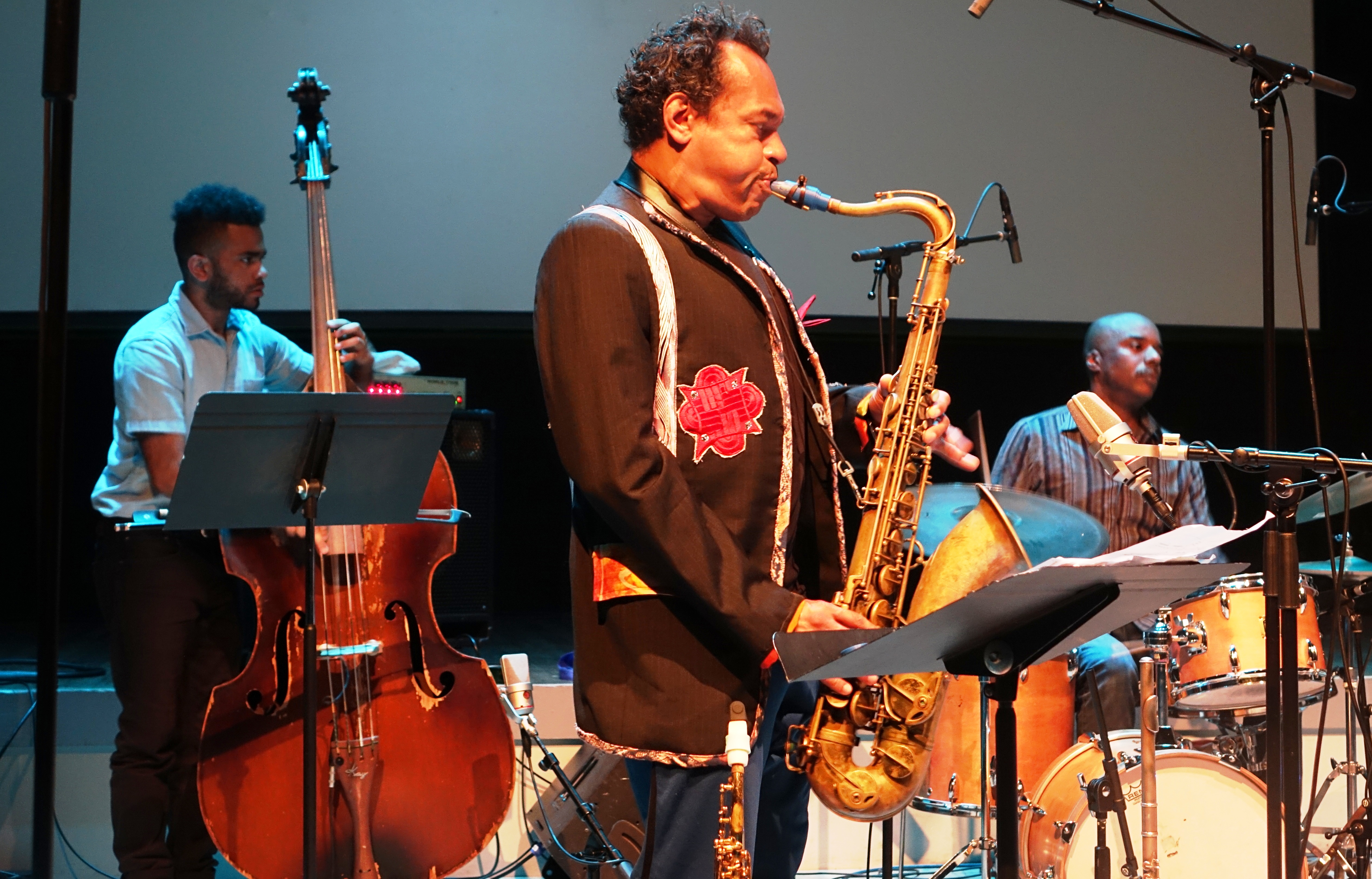 Nick Dunston, Jay Rodriguez and Chad Taylor at the Vision Festival in Roulette, Brooklyn in June 2019