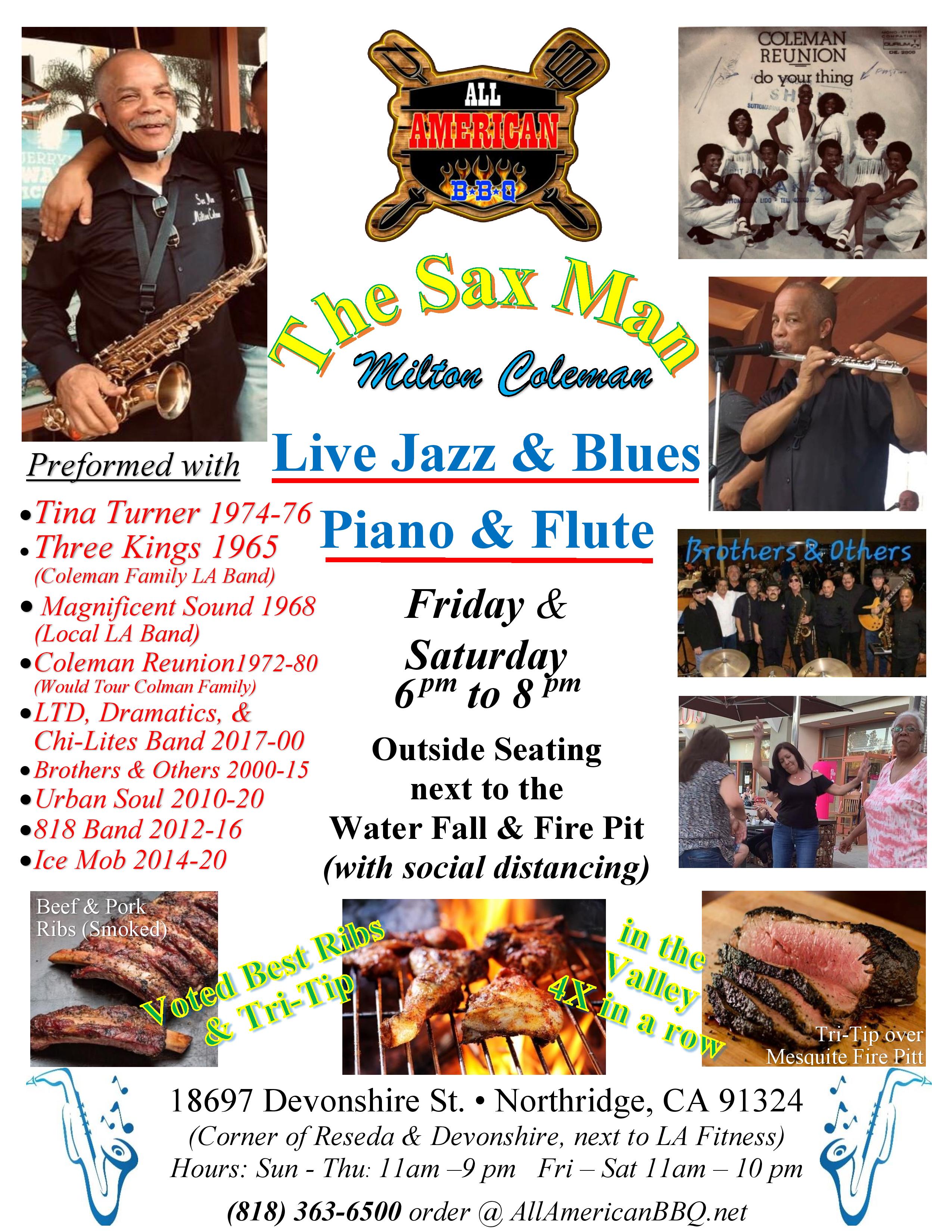 Sat Free Live Jazz & Blues W/milton Colman @ All American Bbq Voted Best Ribs (beef & Pork) & Tri-tip Valley