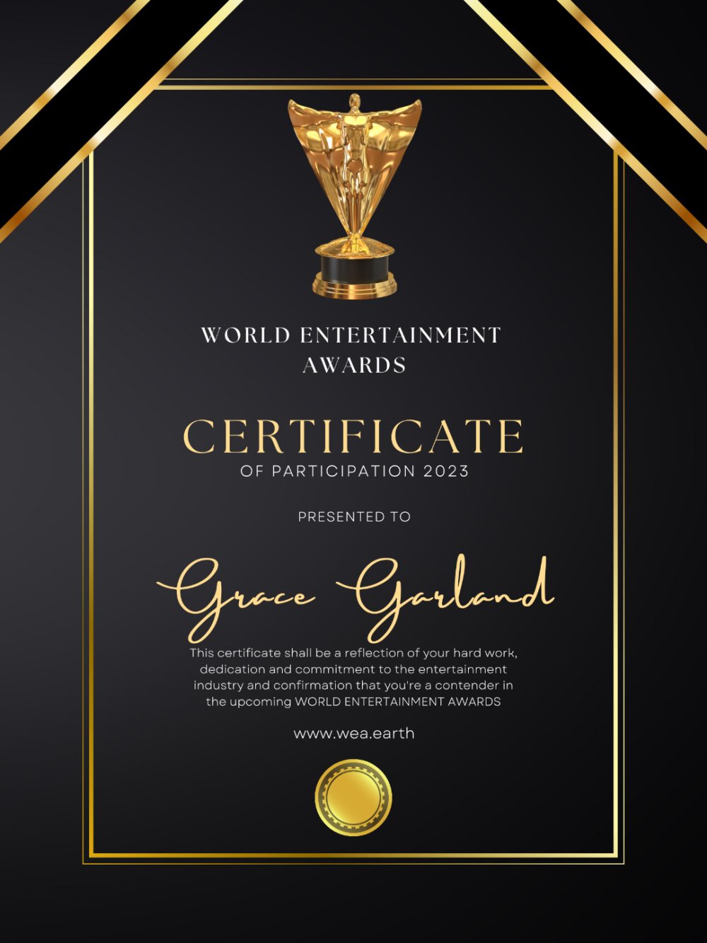 Grace Garland's World Entertainment Awards Certificate