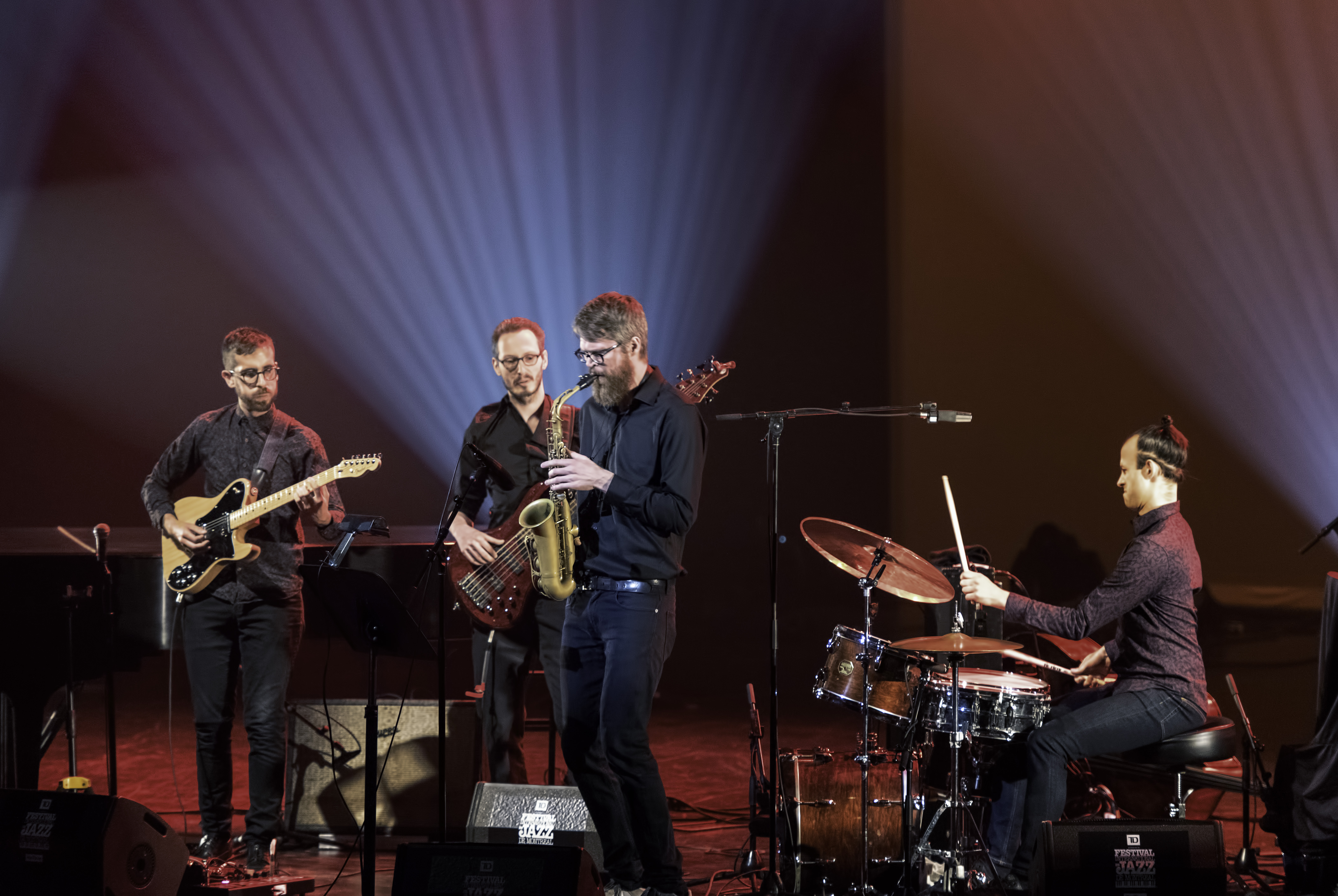 Nicolas Ferron, Alex Lefaivre, Erik Hove and Mark Nelson with the Alex Lefaivre YUL Quartet At The Montreal International Jazz Festival 2019