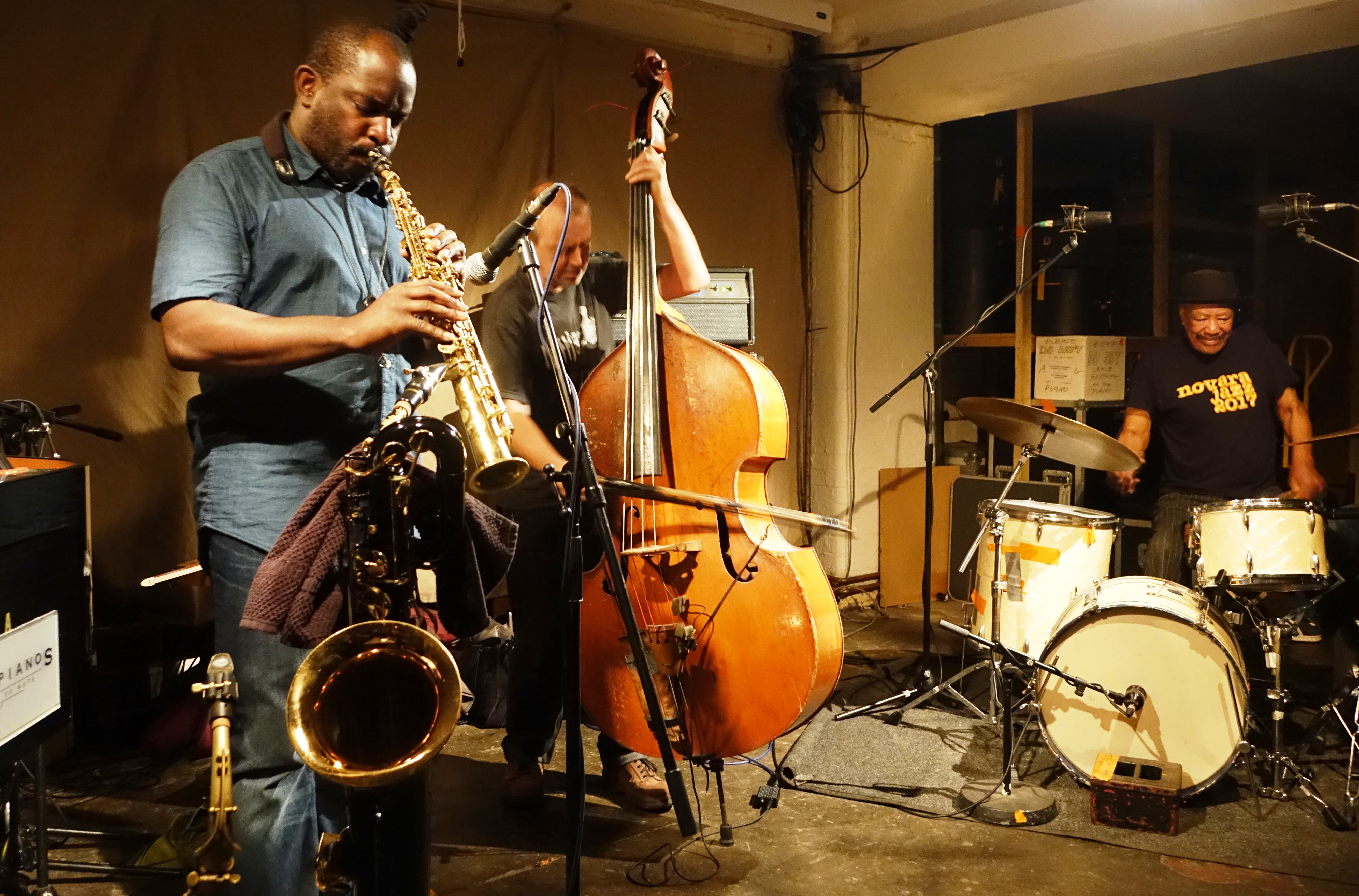 Jason Yarde, John Edwards and Louis Moholo-Moholo at Cafe Oto, London in October 2018