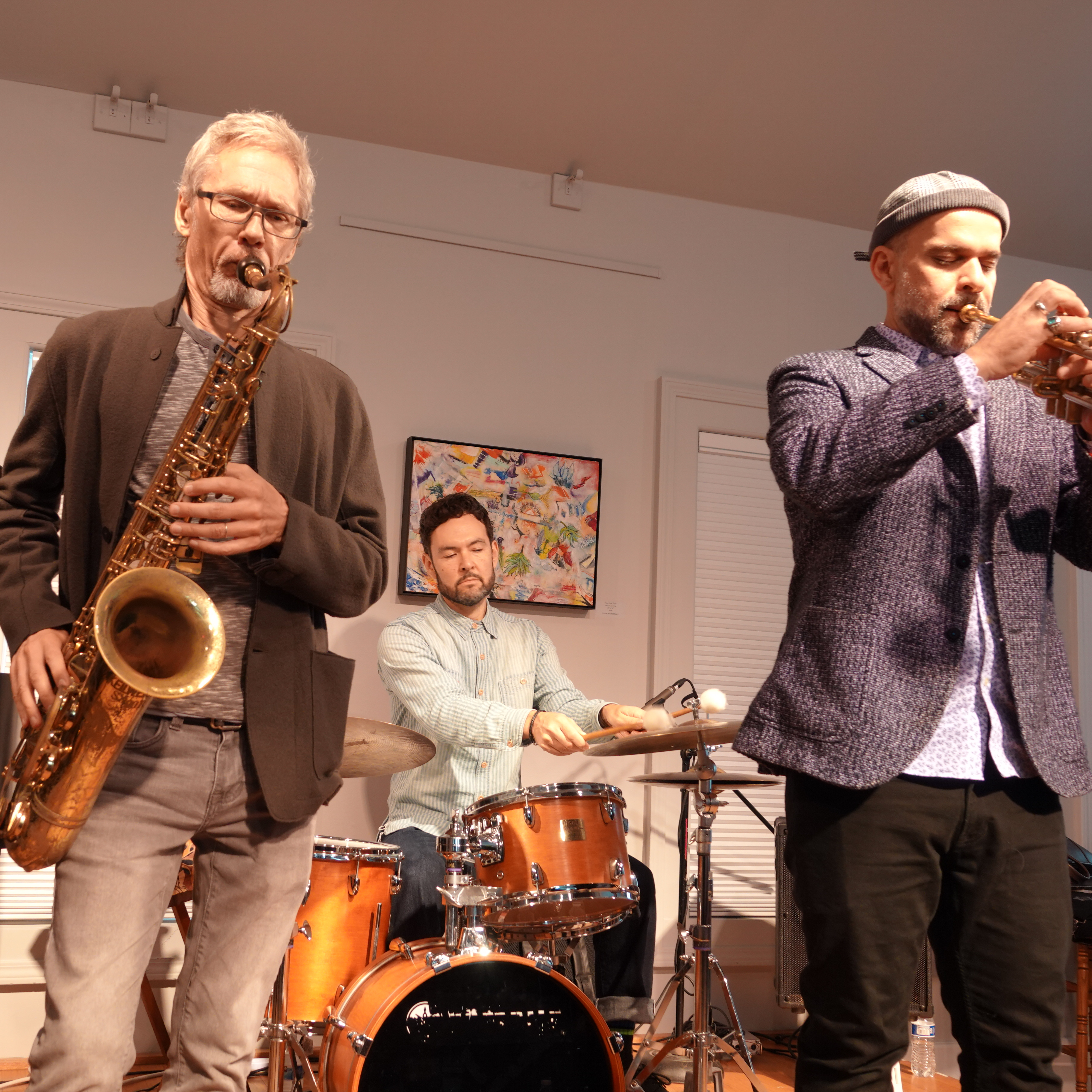 Ole Mathisen, Tomas Fujiwara, and Amir ElSaffar at Edgefest 2026 — jazz photo by Frank Rubolino | All About Jazz