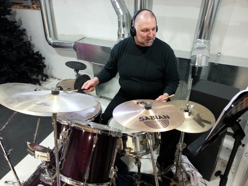 Drummer Normand Laurin in studio