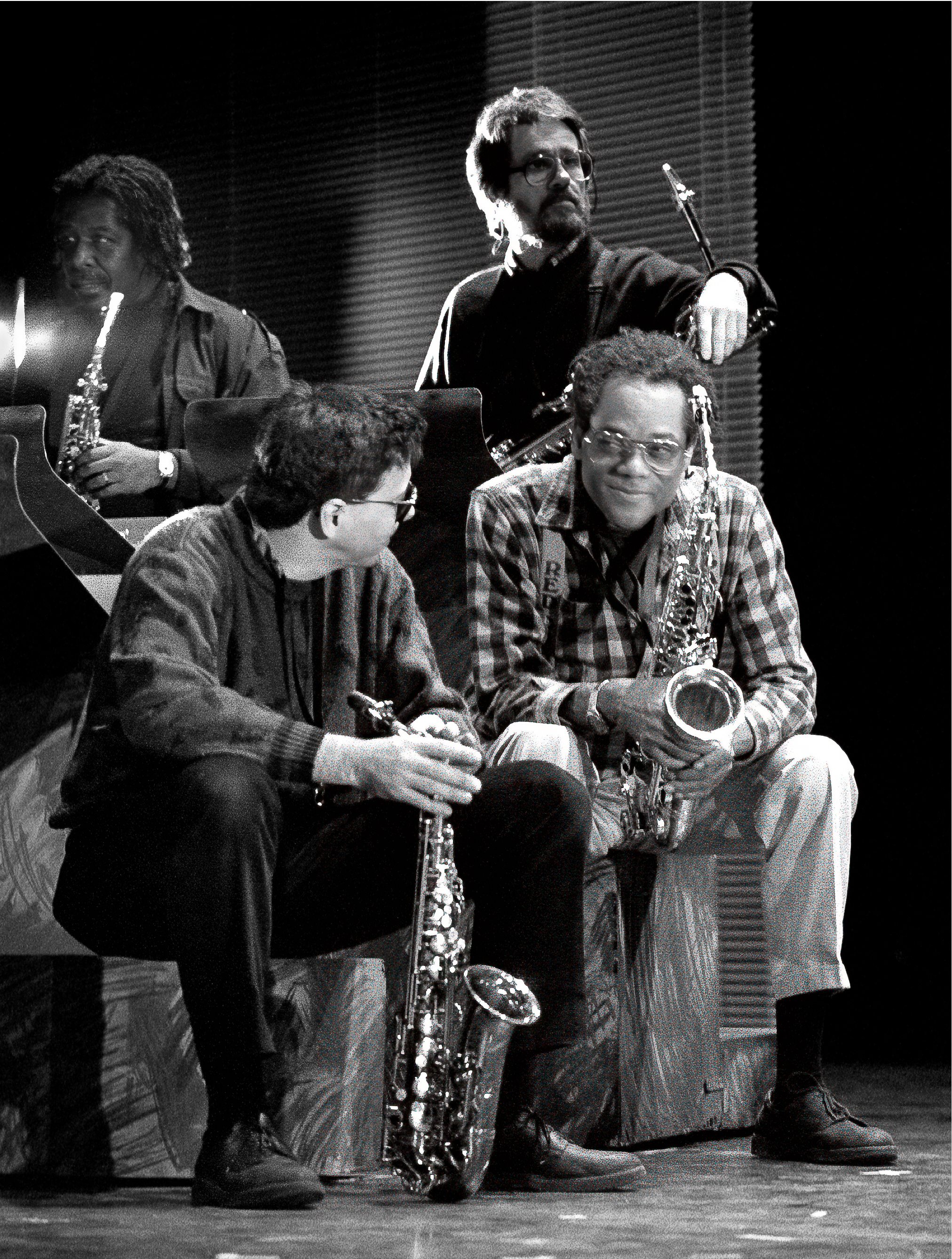 Hemphill with Marty Ehrlich, Carl Grubbs & Kenny Berger in rear, December 6, 1990, Long Tongues rehearsal, Apollo Theatre, New York, NY — jazz photo by Dave Kaufman | All About Jazz