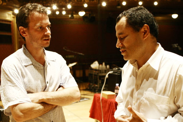 Larry Grenadier Talking with Moncef Genoud After the Soundcheck's Concert of Brad Mehldau Trio, Victoria Hall, Geneva, Switzerla