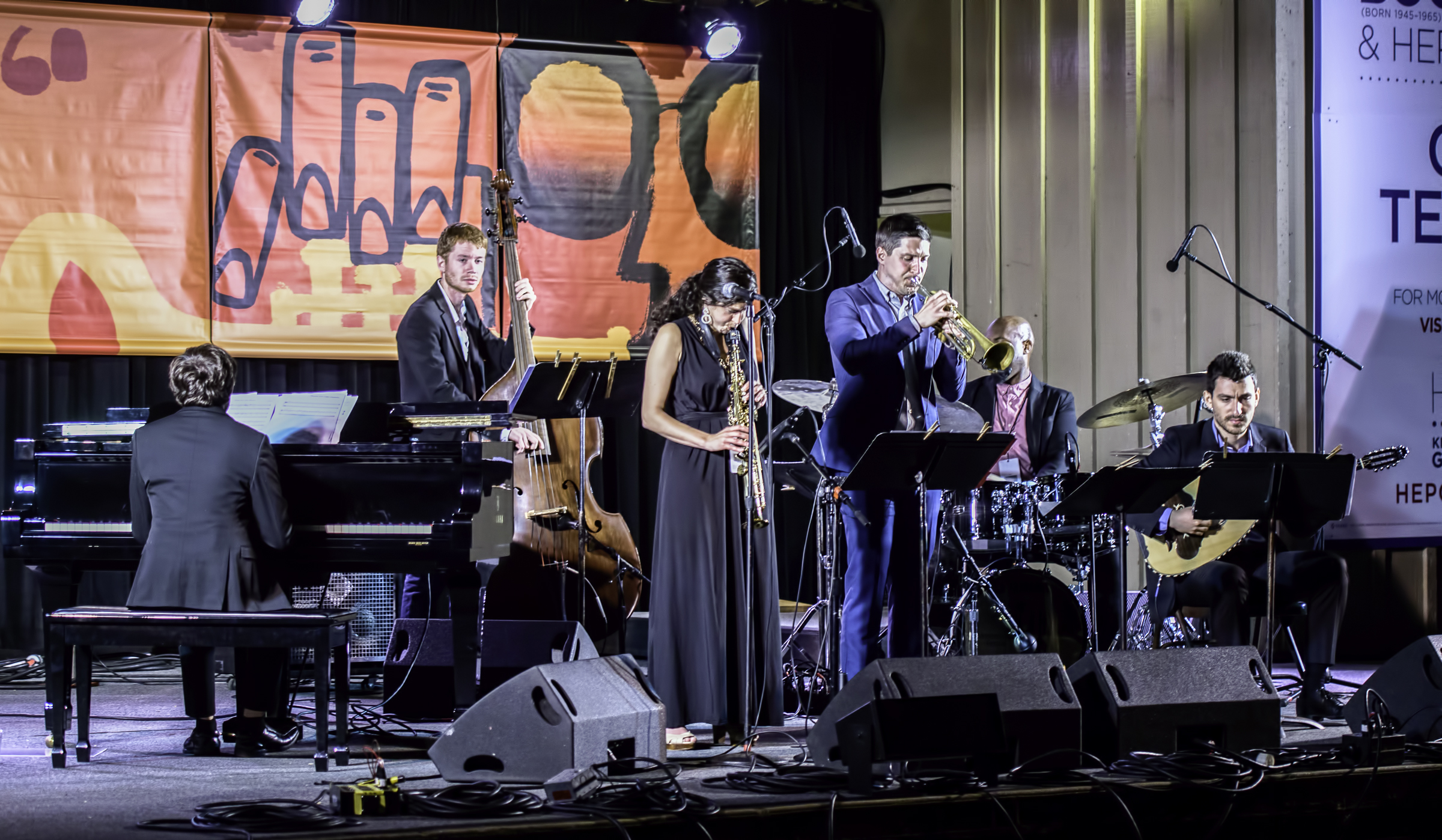 Chase Morrin, Jared Henderson Lihi Haruvi, Andrew McAnsh, Nathaniel Winn and Vasilis Kostas with the Berklee Global Jazz Ambassadors at the Monterey Jazz Festival