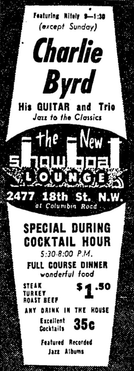 Newspaper ad for the DC Showboat Lounge (early 1960s).