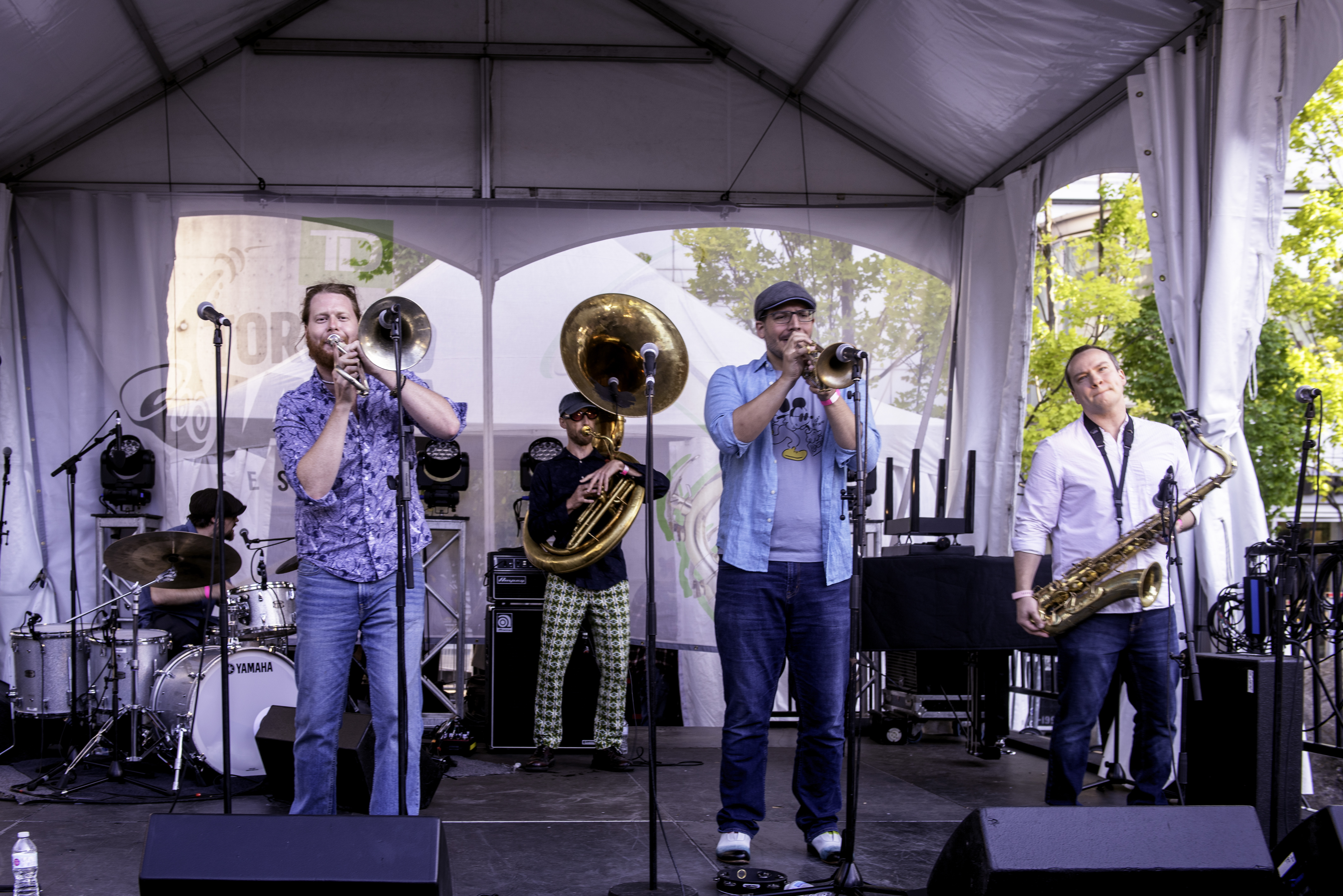 Chris Butcher, John Pittman, Paul Metcalfe, Tom Richards and Lowell Whitty with the Heavyweight Brass Band at the Toronto Jazz Festival 2019