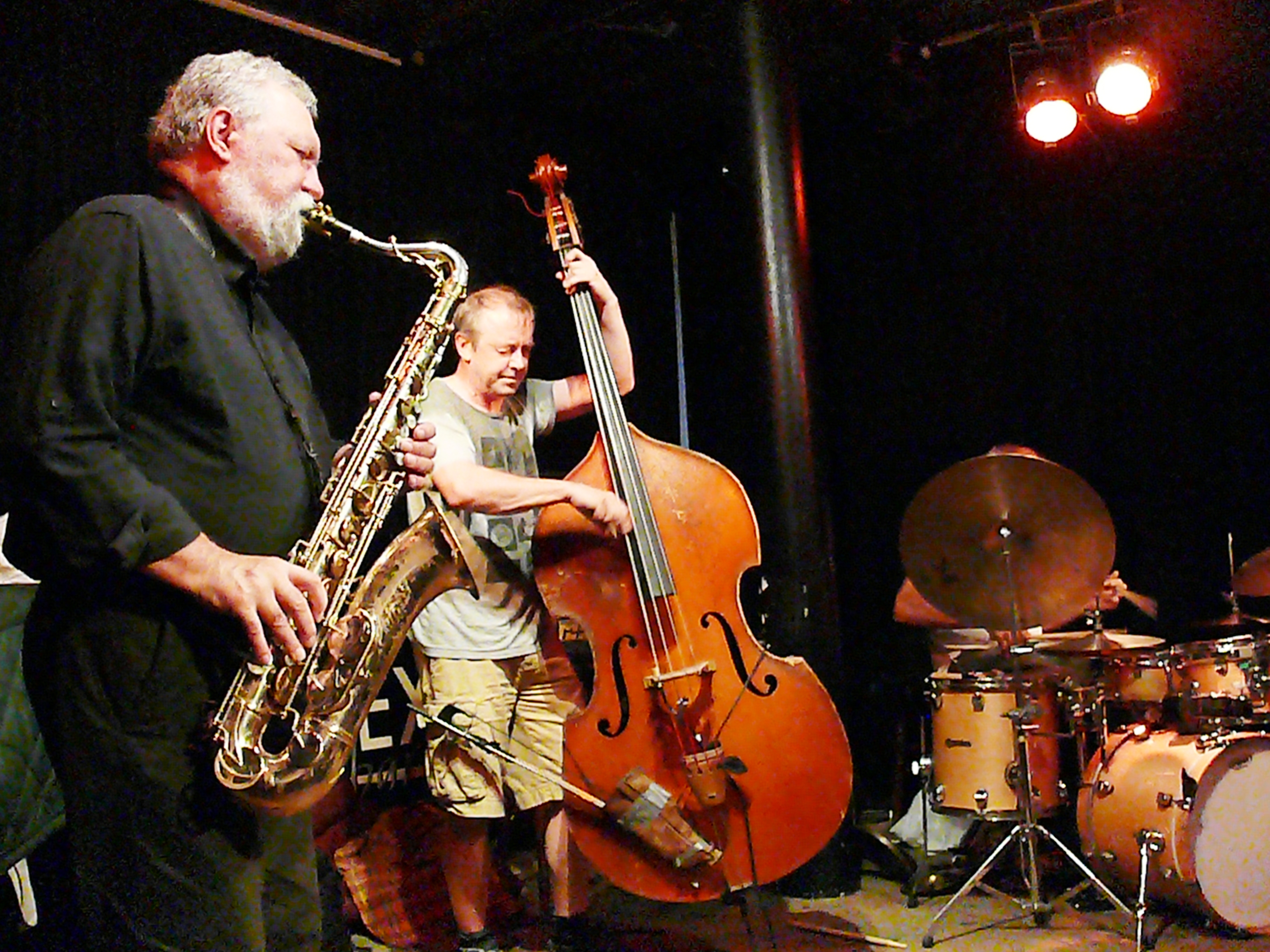 Evan Parker, John Edwards and Paul Lytton at the Vortex, London in July 2017