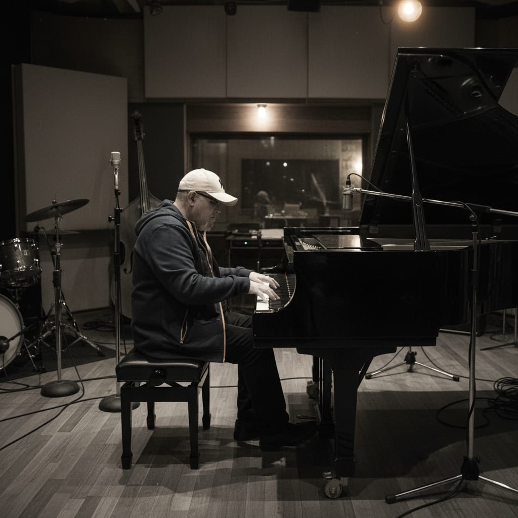 Nacho Valenciaga recording piano in the studio — jazz photo by Nacho Valenciaga | All About Jazz