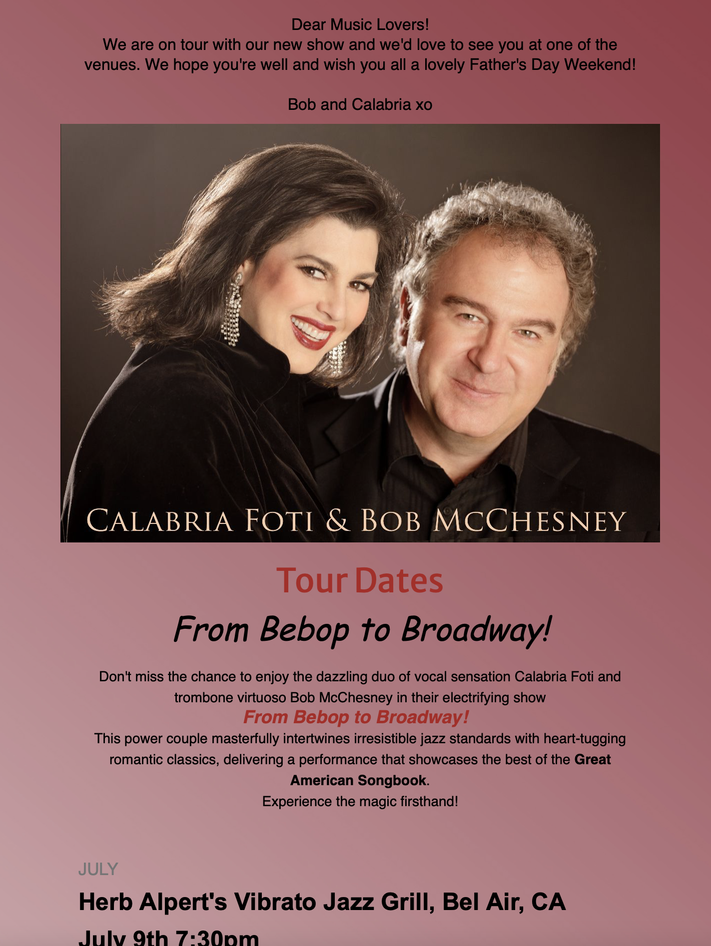Calabria Foti And Bob Mcchesney “from Bebop To Broadway!"