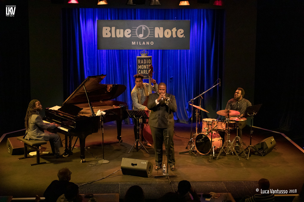 Blue Note Milano 28.10.18 Jeremy Pelt Quartet on stage with Victor Gould on piano, Rashaan Carter on bass and Allan Mednard on drums. © Luca Vantusso for LKV Photo Agency