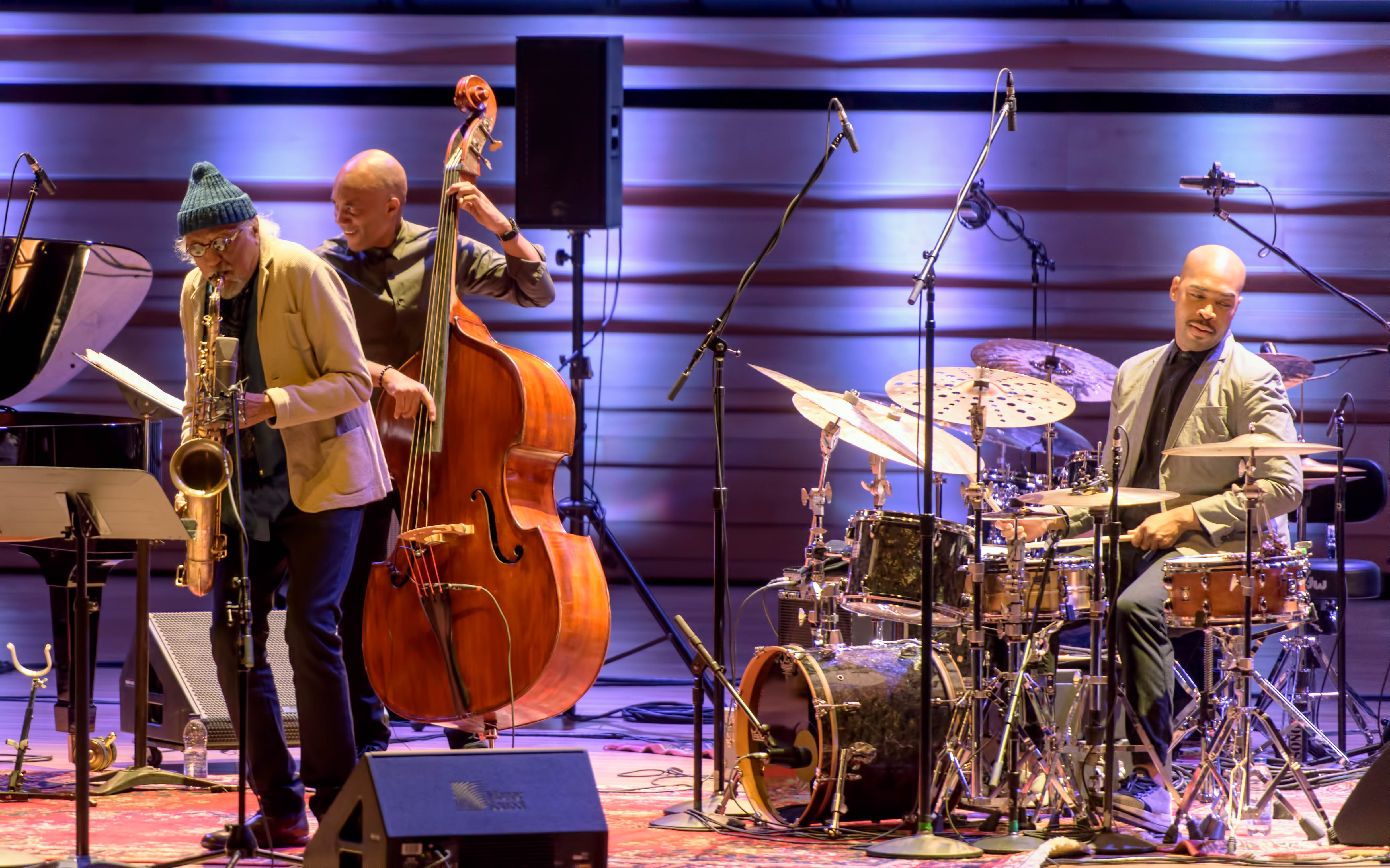 Reuben Rogers, Charles Lloyd and Eric Harland with the Charles Lloyd Quartet at The Montreal International Jazz Festival 2017