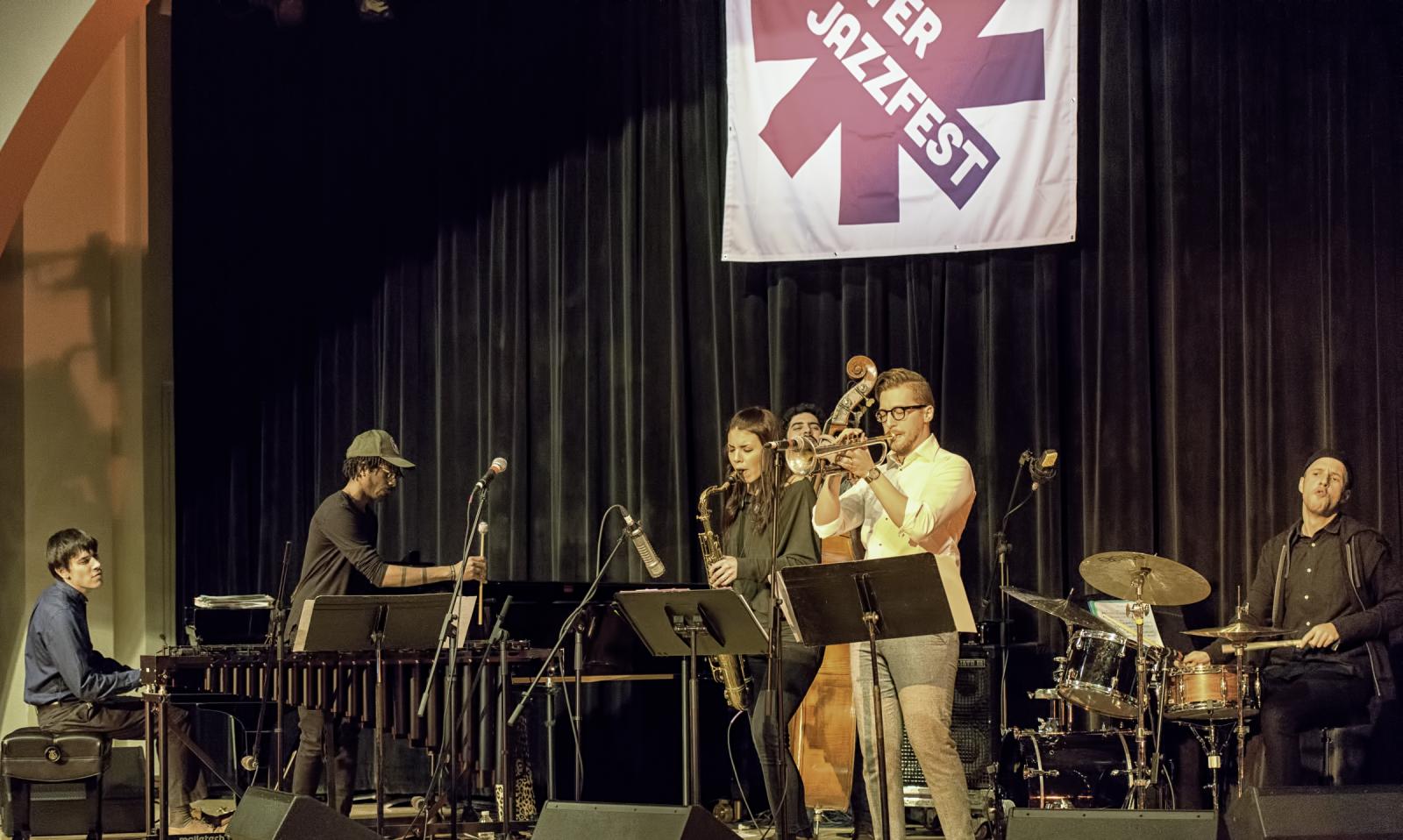 Glenn Zaleski, Joel Ross, Pablo Menares, Melissa Aldana, Philip Dizack and Craig Weinrib at The NYC Winter Jazzfest 2017